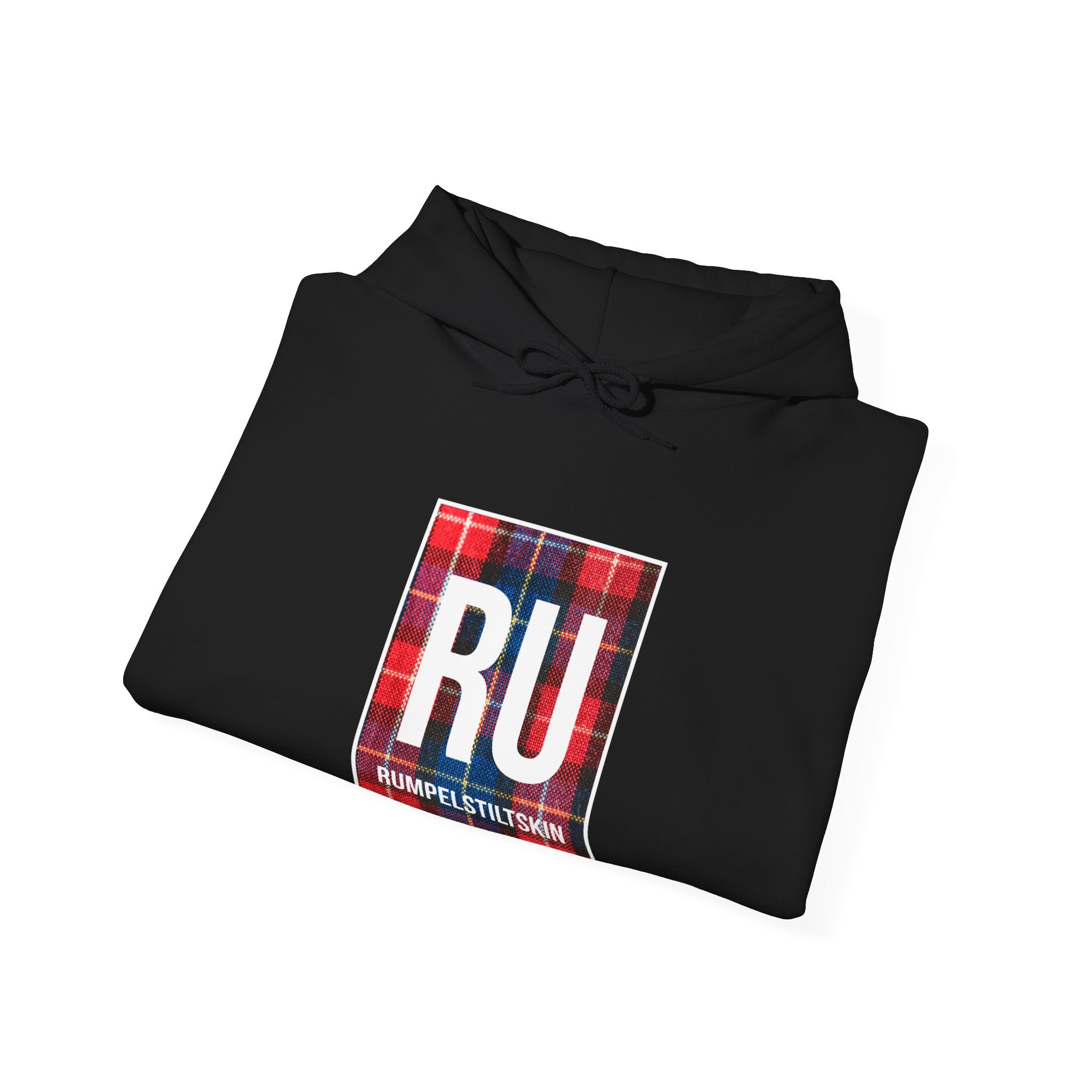 The RU - Hooded Sweatshirt features a sleek black design with the letters "RU" and the name "Rumpelstiltskin" in a plaid pattern on the front, offering ultimate comfort and effortless style.