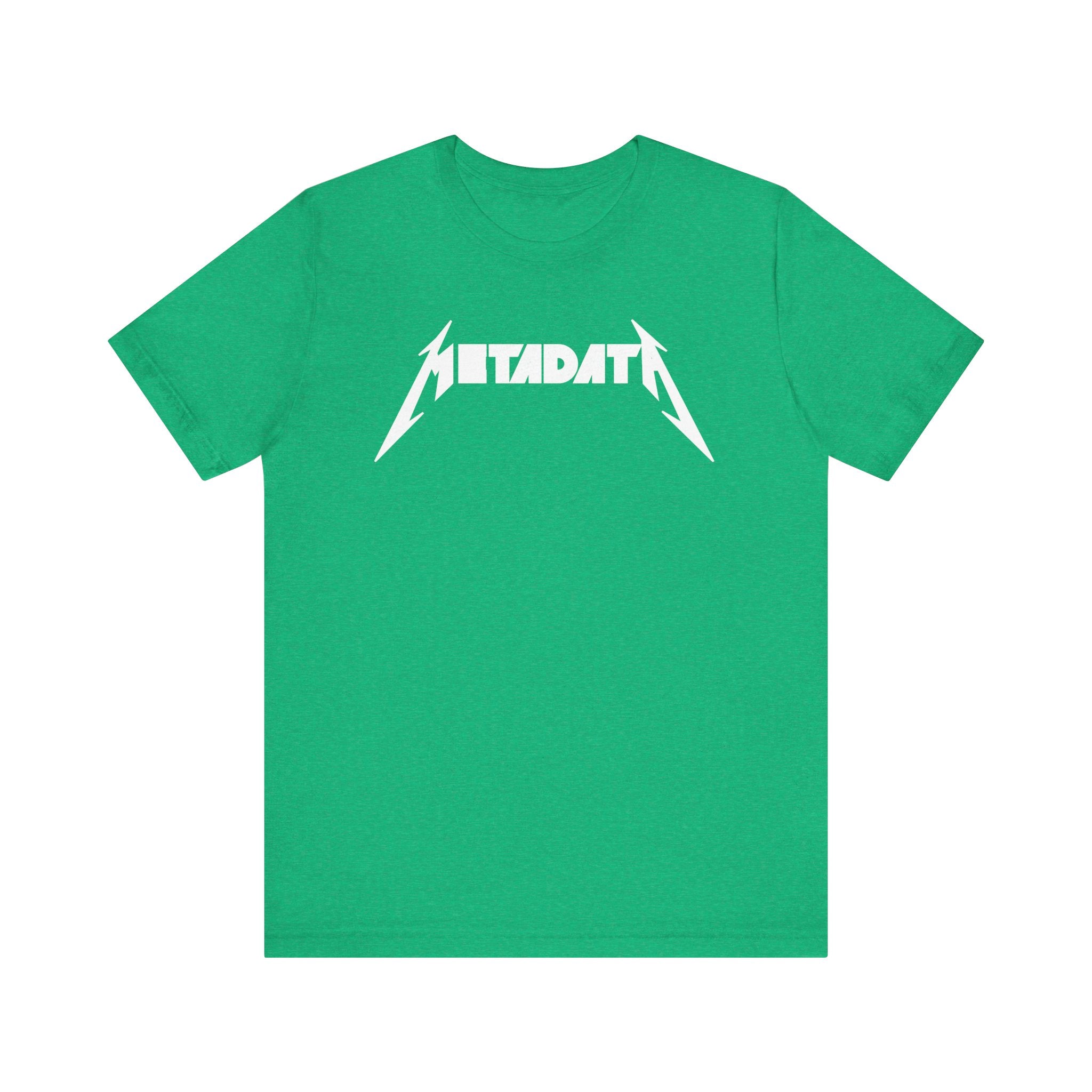 A Metadata T-shirt crafted from Airlume combed cotton featuring white text reading "METADATA" in a stylized font, offering supreme comfort.