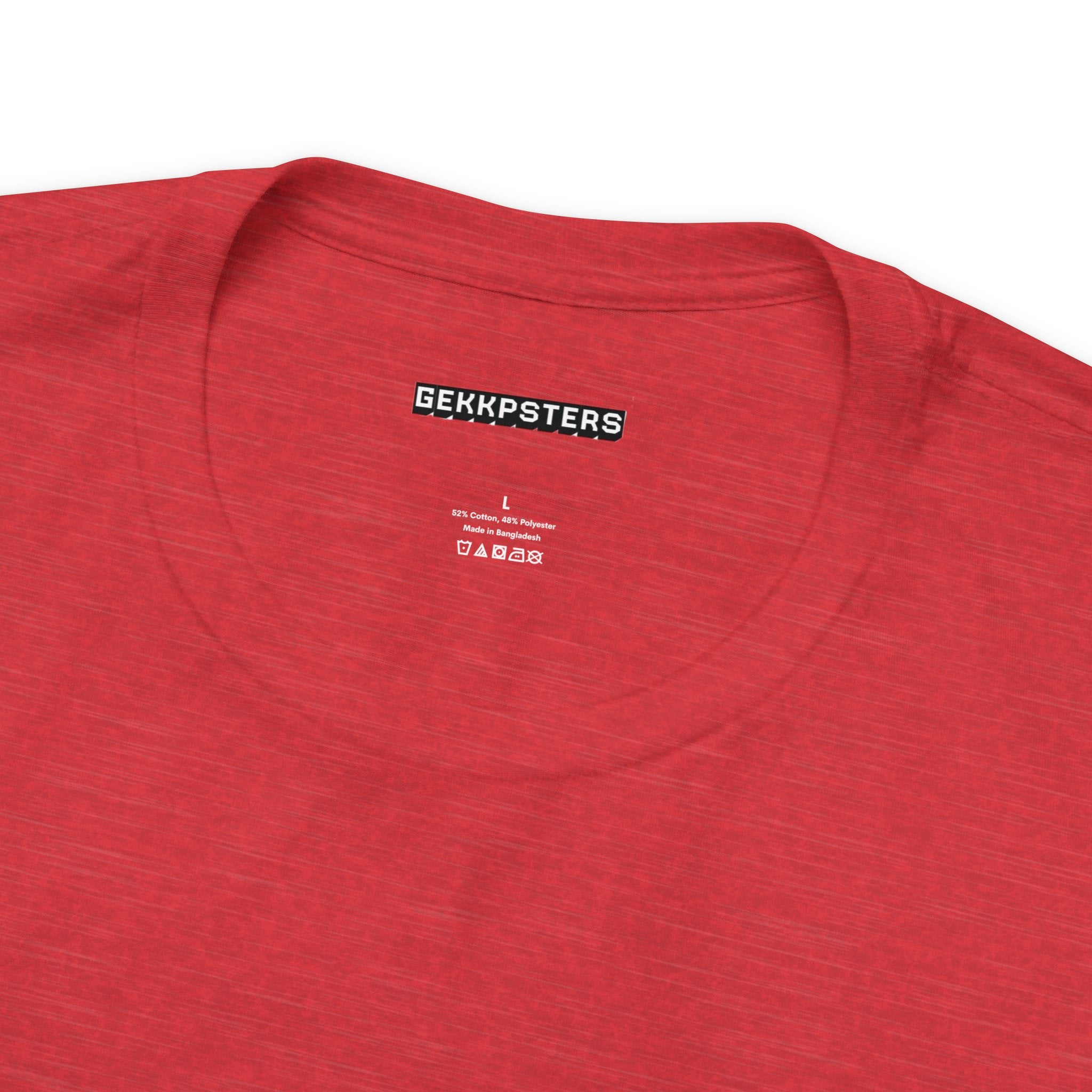 Red t-shirt with the word "Hello, I'm Dead Inside" printed on the inside collar, along with size 'l' and a quirky design product code below it.