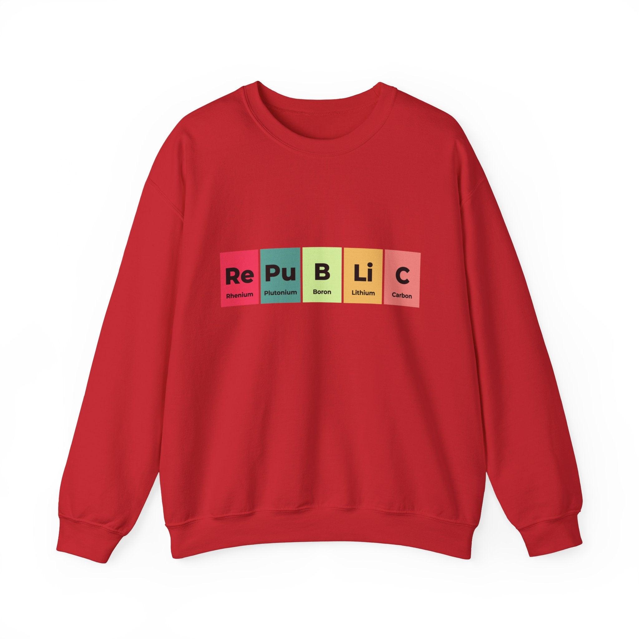 A cozy Republic - Sweatshirt for winter fashion, featuring the word "Republic" in a vibrant periodic table design.