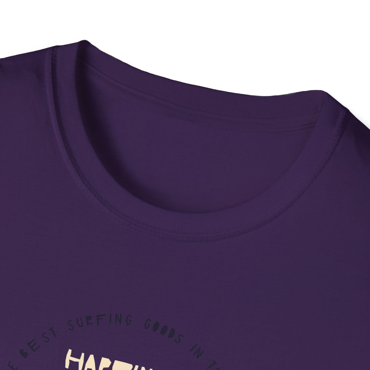 ‘Happiness Comes in Waves’ purple tee, close-up of surf wave arch graphic and text