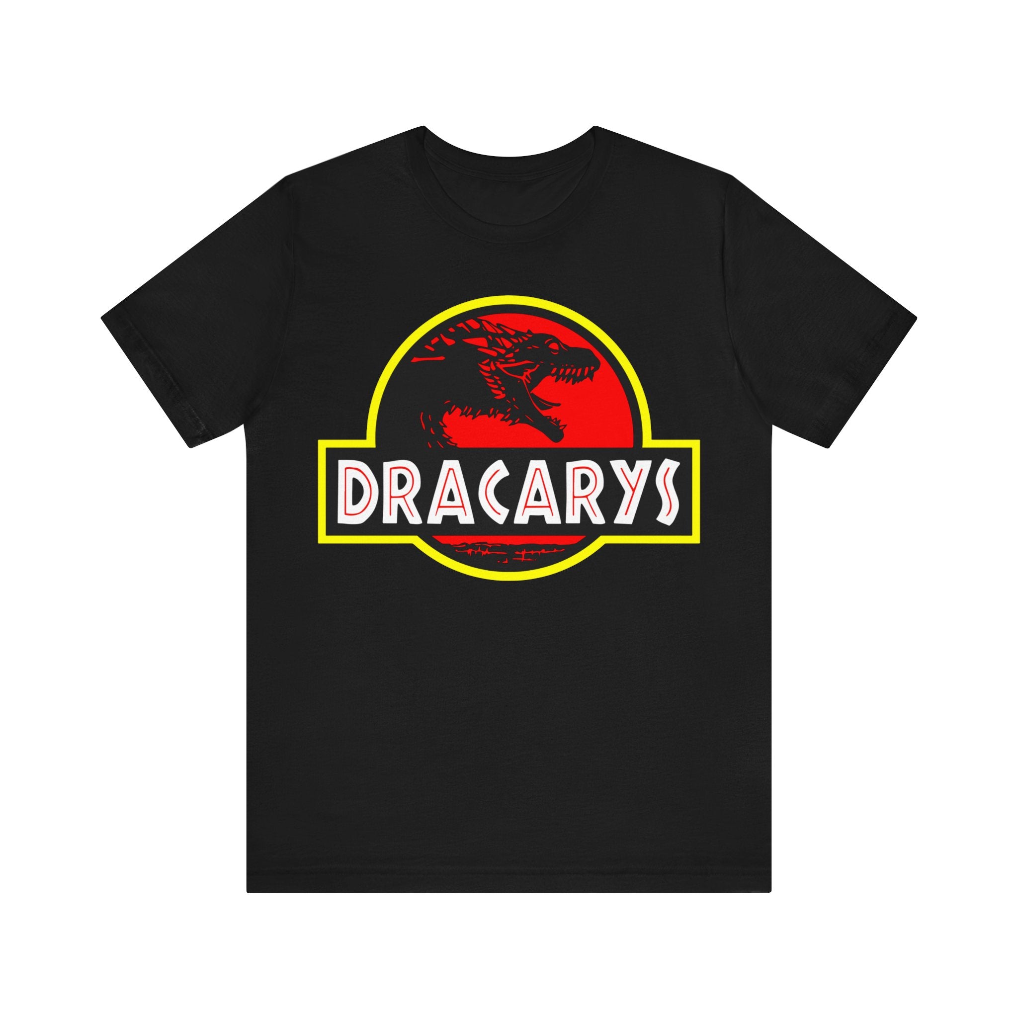 Sentence with product name: Dracarys T-Shirt featuring a circular red and yellow quality print with a silhouette of a dragon and the word "dracarys" in bold yellow letters.