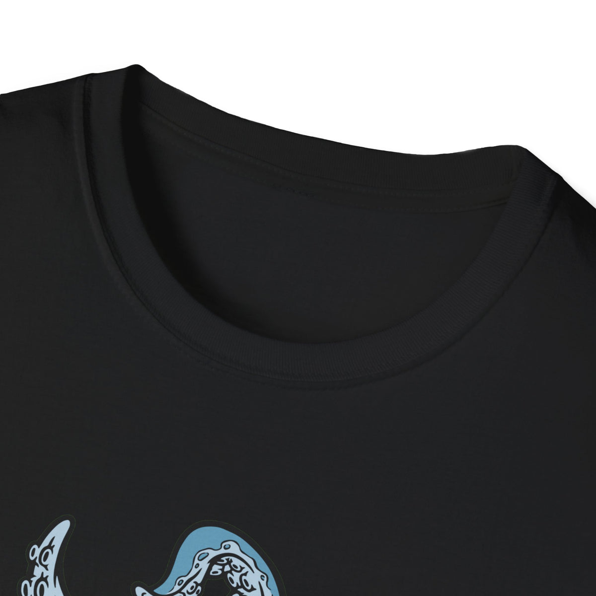 'Octopus Comes Out of the Bag' t-shirt in black, close-up of neckline and print, camping gift idea