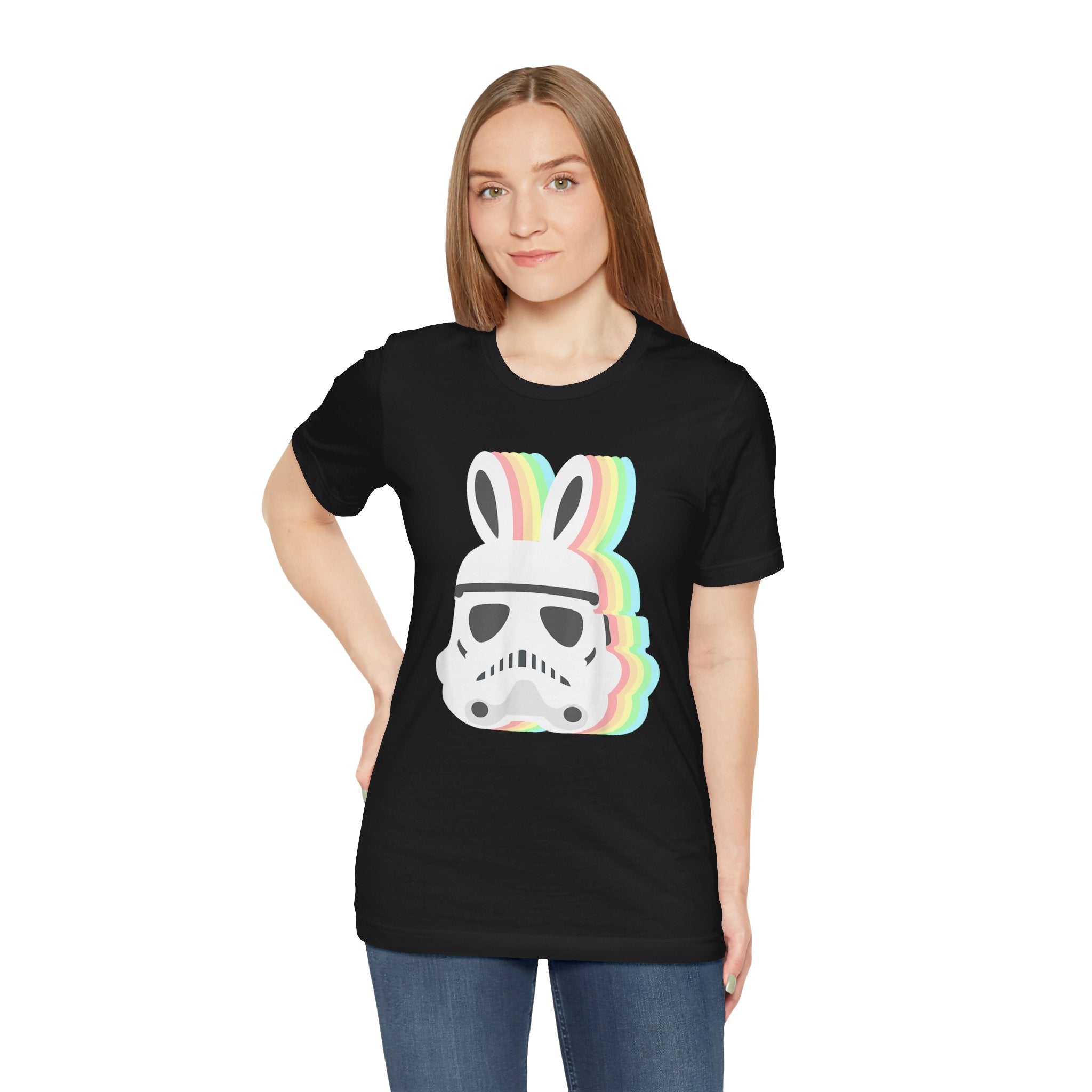 A woman wearing a black tee with a graphic design combining an Easter Stormtrooper Bunny.