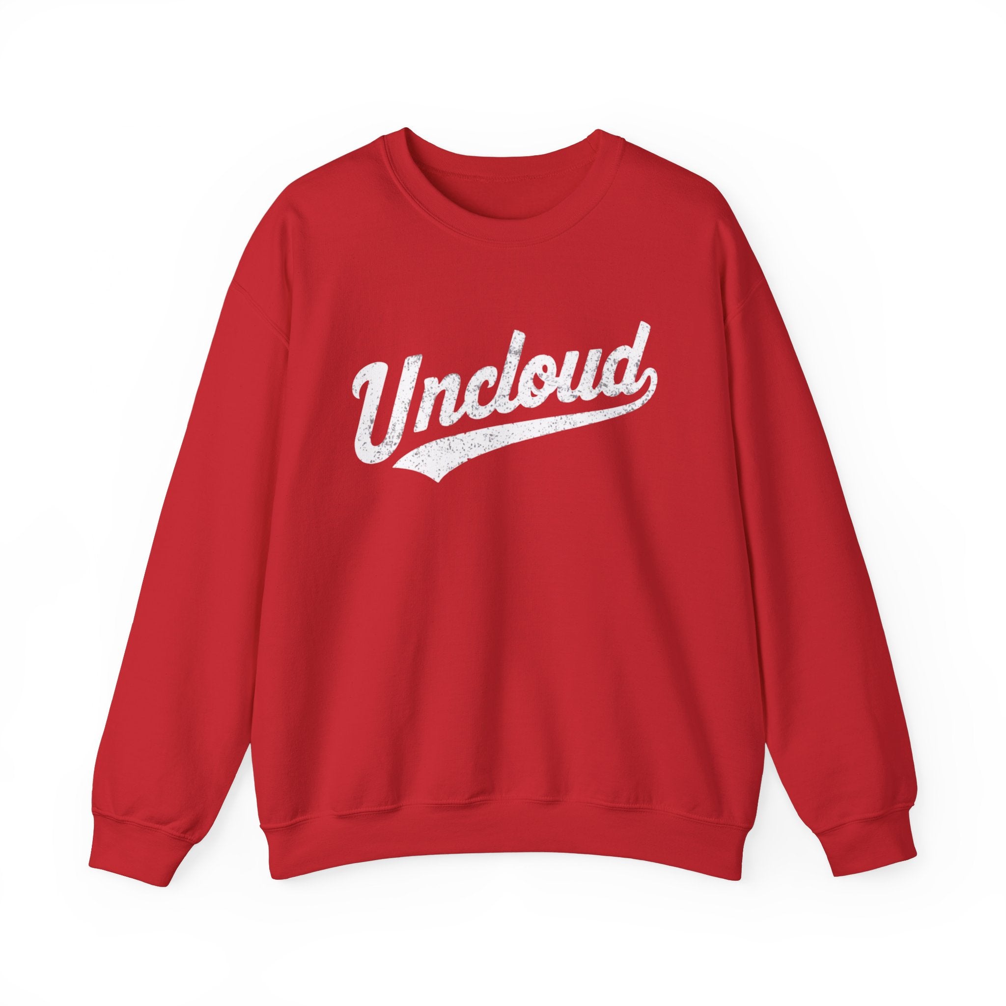 A cozy red Uncloud - Sweatshirt with the word "Uncloud" printed in white, stylized script across the chest, making it a warm essential for any wardrobe.