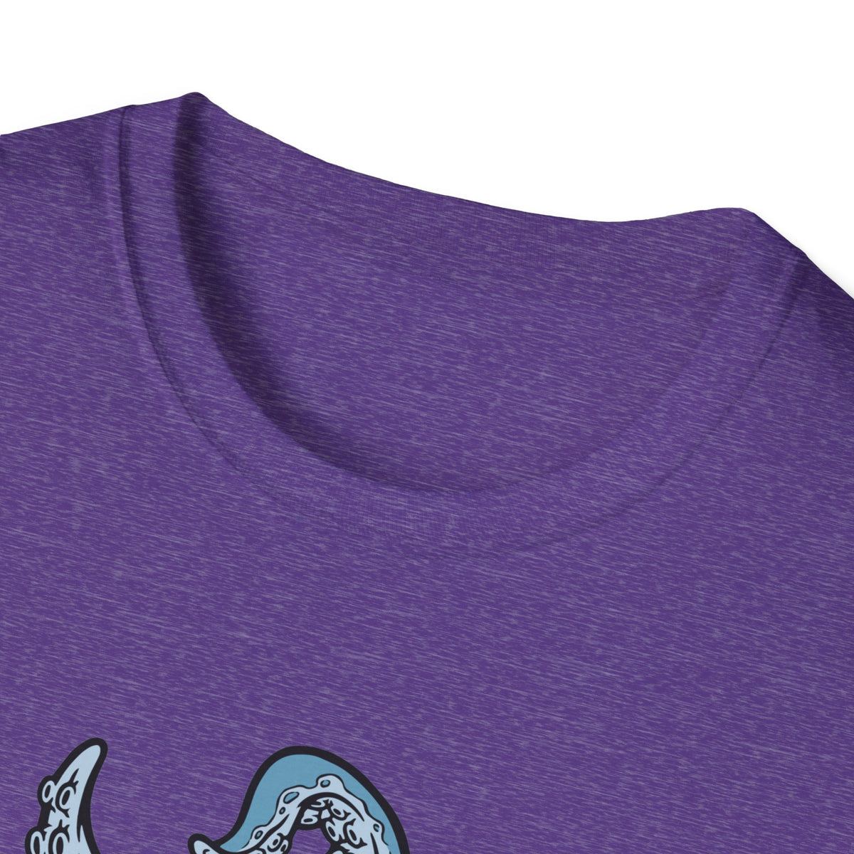 'Octopus Comes Out of the Bag' t-shirt in heather purple, close-up of neckline, hiking gift idea