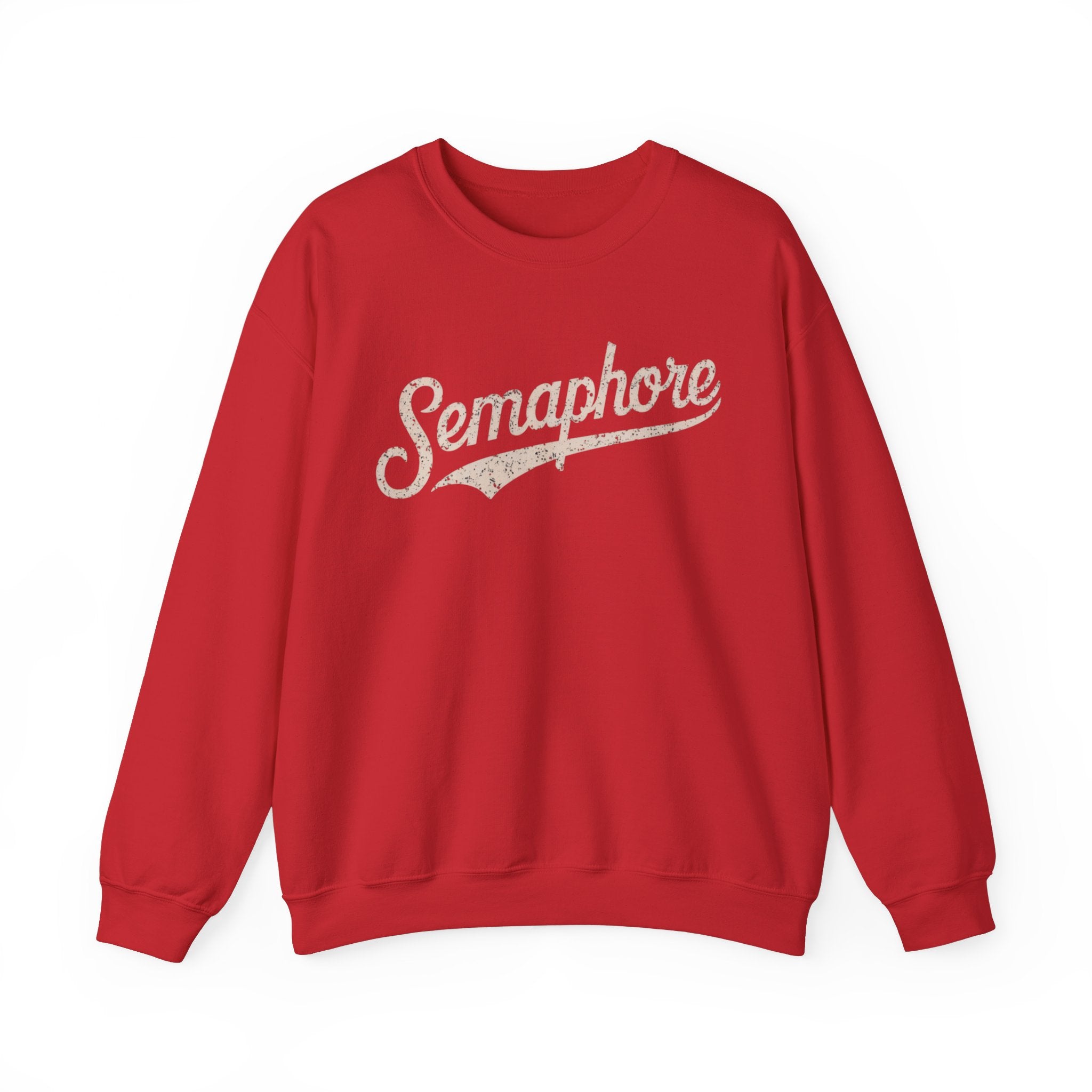 A Semaphore - Sweatshirt in red with the word "Semaphore" printed in white cursive text across the chest, offering both style and warmth.