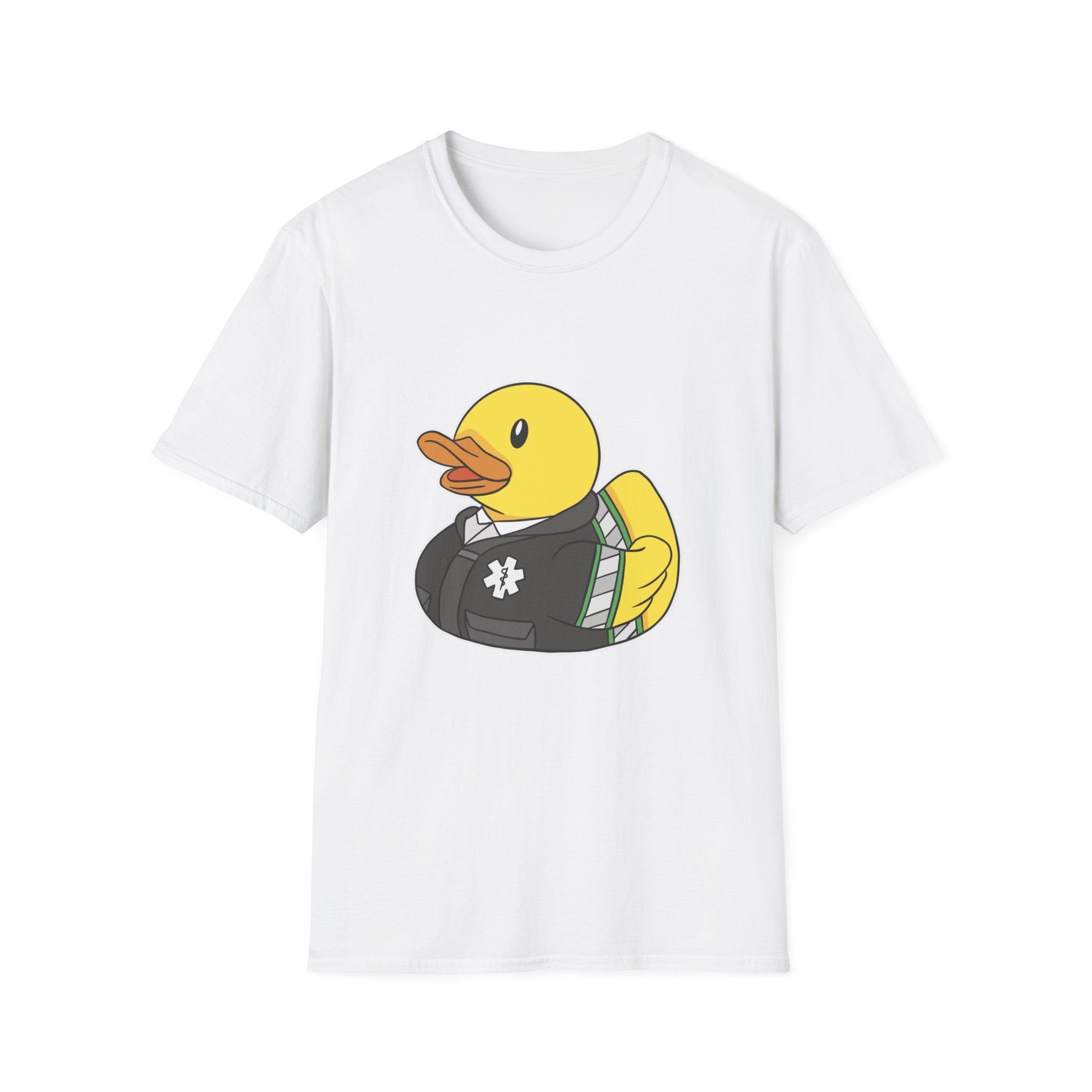 The Medical Duck T-Shirt, made from premium cotton, showcases an illustration of a rubber duck dressed in a tuxedo, making it a classic statement piece for any wardrobe.