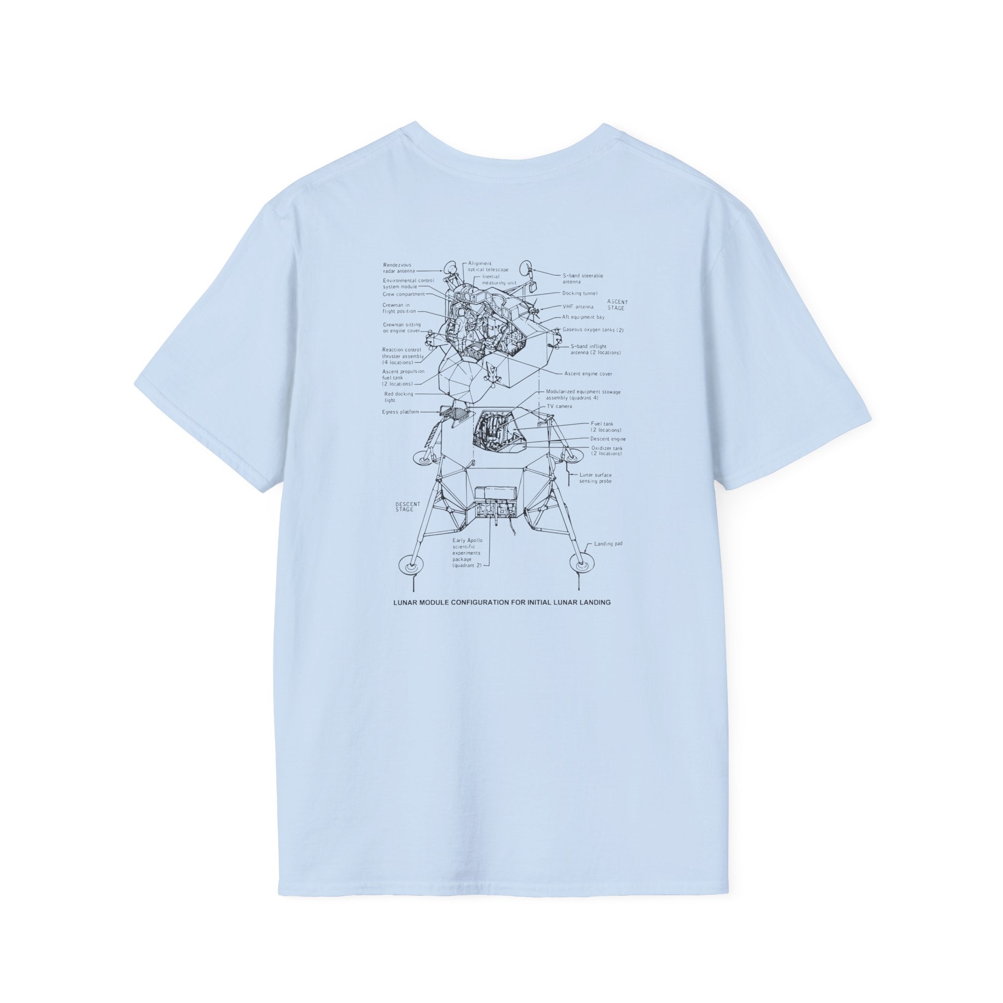 Light blue "Lunar Module for Landing" T-shirt adorned with a detailed line drawing of an Apollo program lunar module and technical annotations on the back.