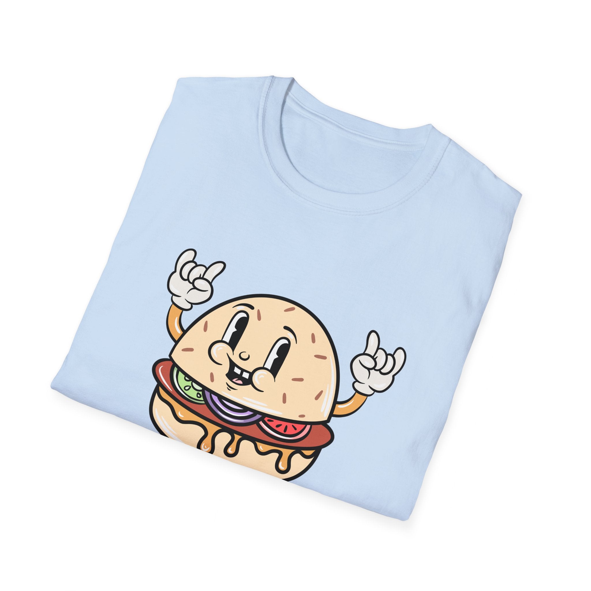 Folded Burger Cartoon light blue T-shirt with a cartoon burger character showing hand signs, printed on the front.