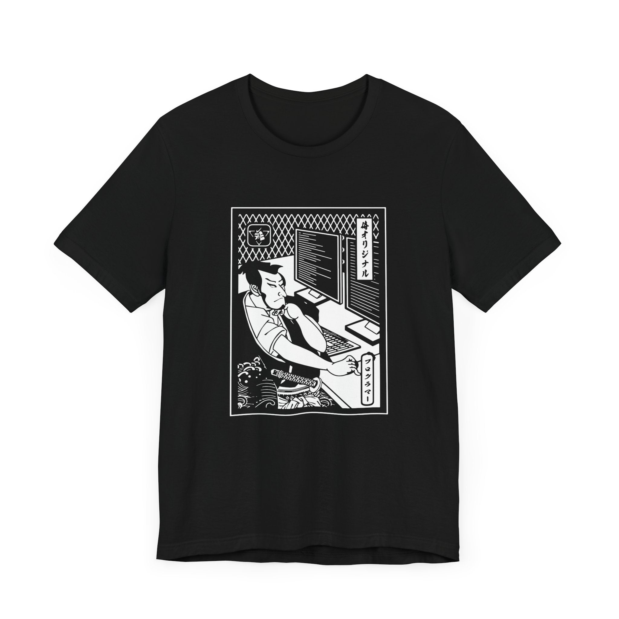Coding Samurai t-shirt made from breathable fabric, featuring a graphic design of a man sitting at a desk with a computer, books, and a lamp, enclosed in a decorative border.