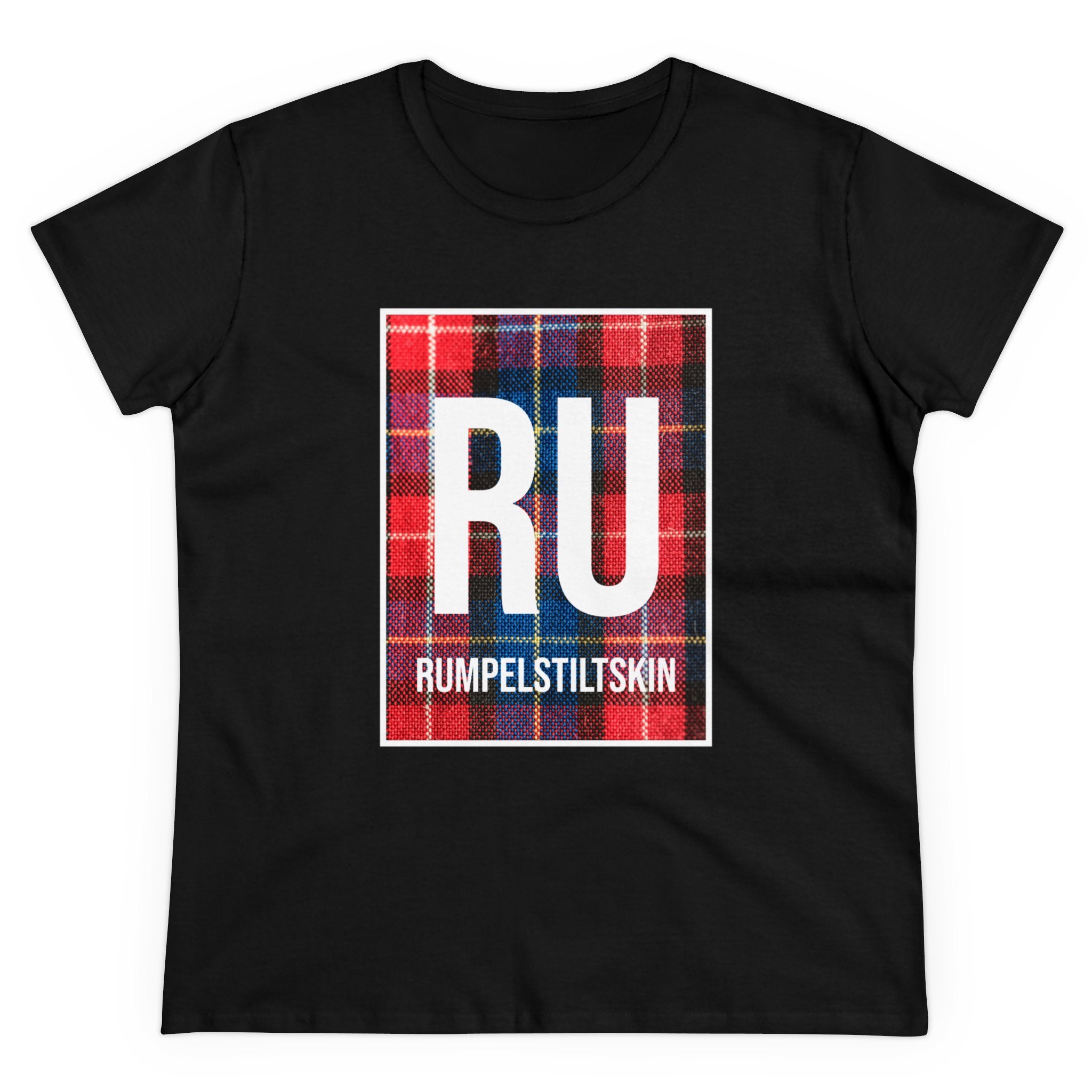 The RU - Women's Tee in black, featuring a red and black plaid patterned rectangle with large white letters "RU" and the word "Rumpelstiltskin" below it in smaller text. Made from 100% US grown cotton and ethically made, this stylish shirt offers both comfort and conscientious fashion.