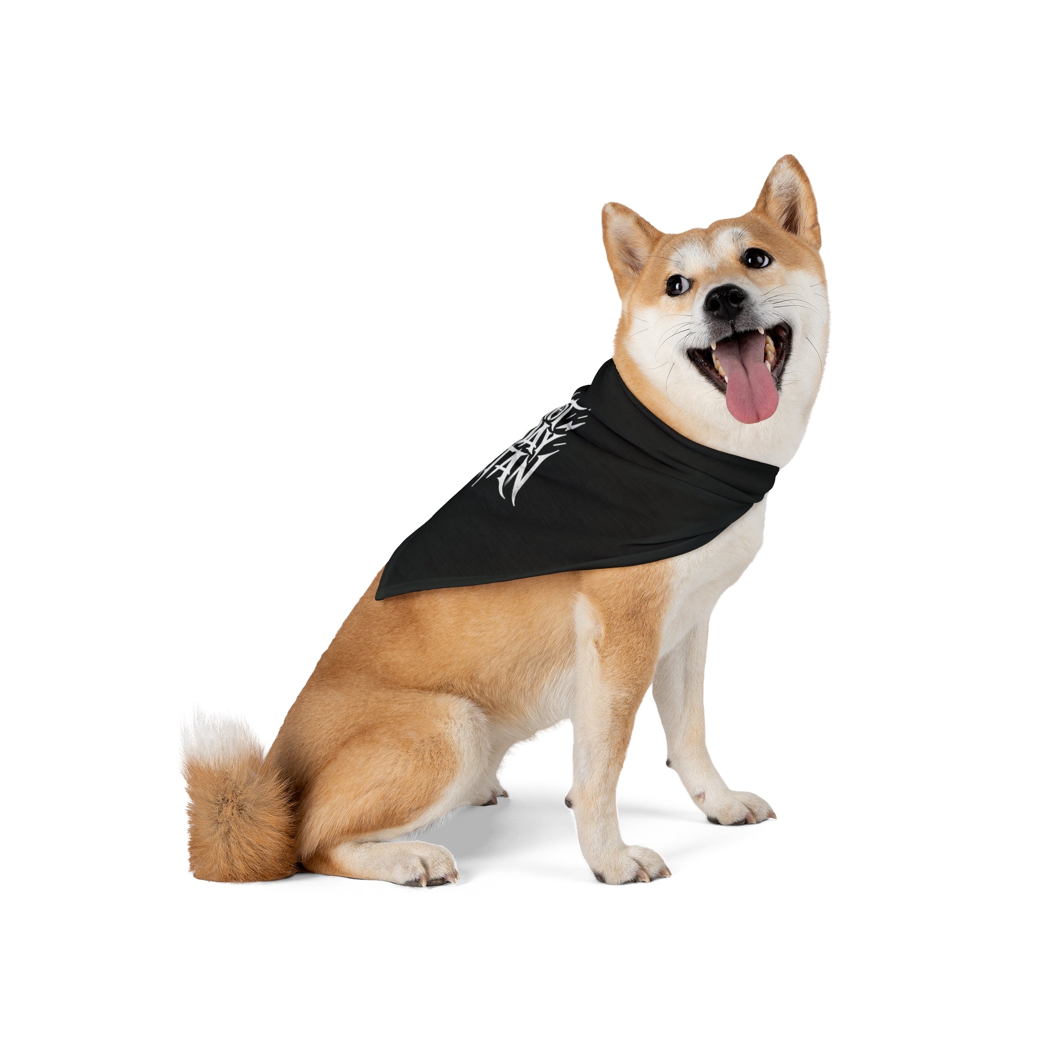 A Shiba Inu dog sits on a white background, wearing a "Not Today Satan - Pet Bandana." The dog has its mouth open and tongue out, appearing happy.