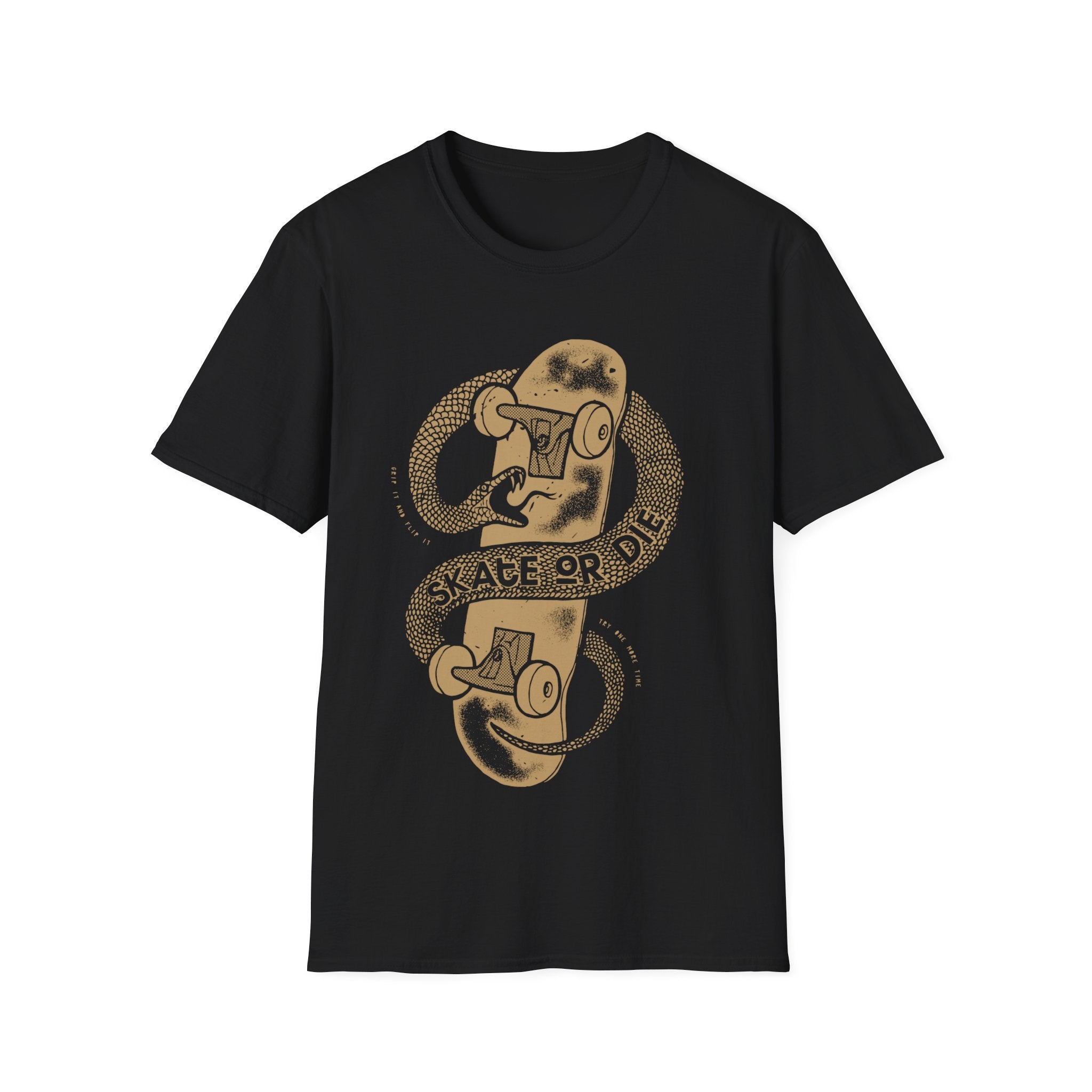 This Skate or Die T-Shirt features a breathable cotton fabric in a black crew-neck design, highlighted by a striking gold print of a skateboard entwined by a snake.