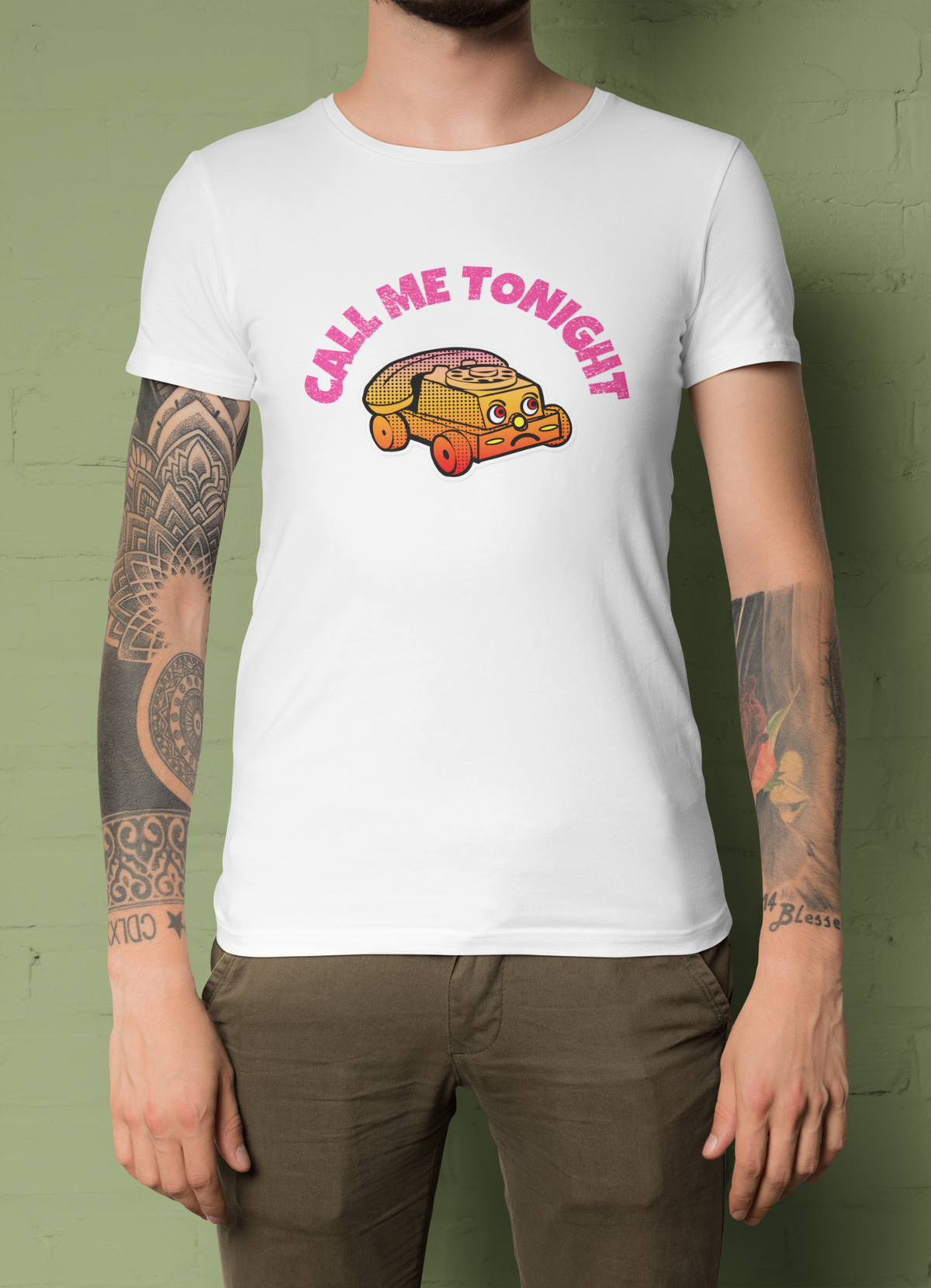 'Call Me Tonight' funny car t-shirt in white, man wearing it outdoors, funny graphic tee gift idea