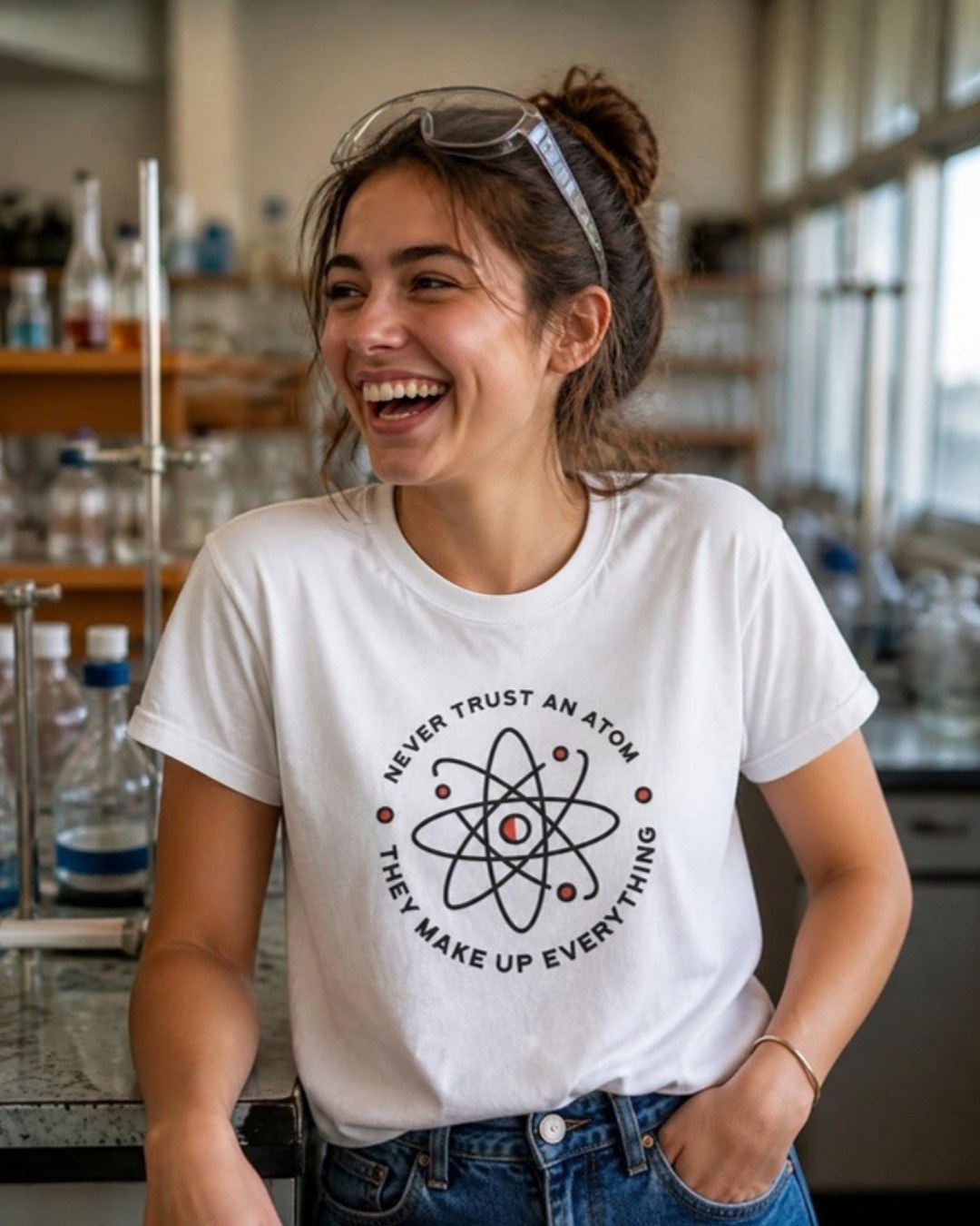 Never Trust an Atom T-Shirt lifestyle mockup, Geekpsters