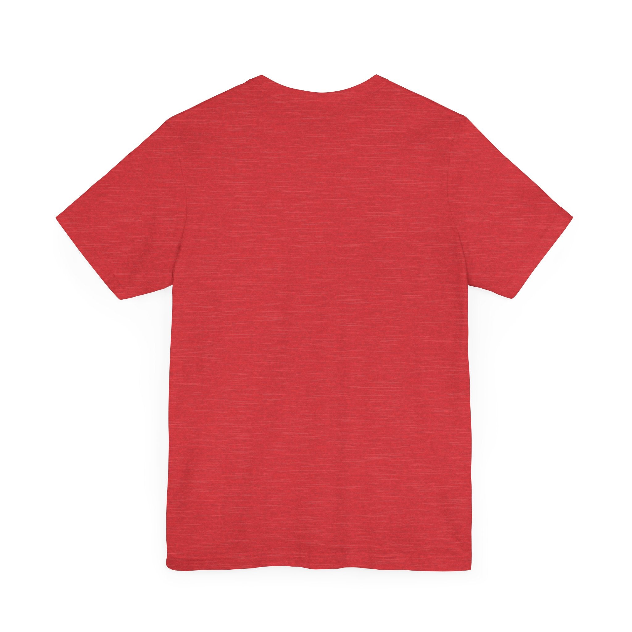 The Cache Me in The Cloud T-shirt, made from soft Airlume cotton, showcases short sleeves and is elegantly displayed from the back against a crisp white background in a vibrant red hue.