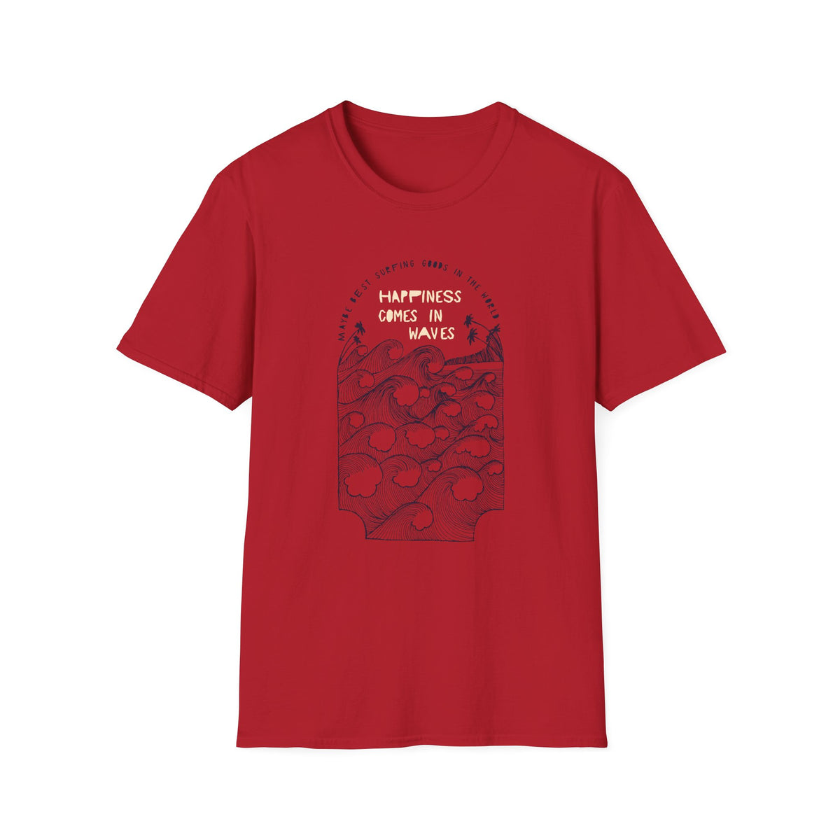 ‘Happiness Comes in Waves’ cherry red tee, mountain lake graphic, funny gift for hikers