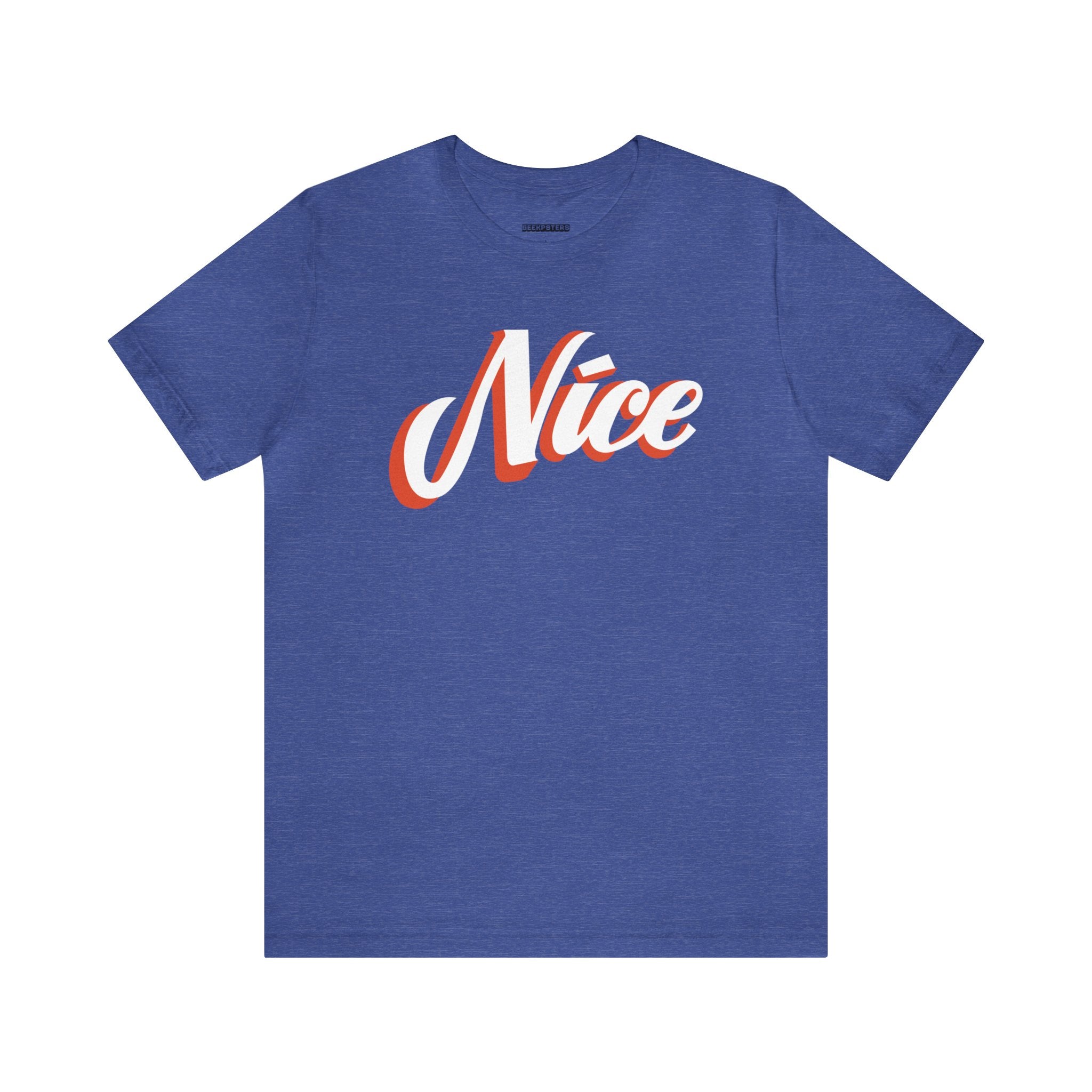 A geeky Nice T-Shirt in a vibrant blue color with the word "nice" printed on it.