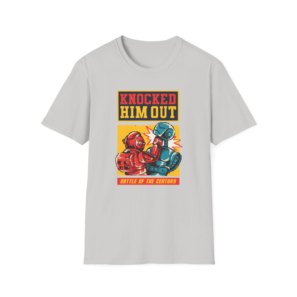 "Knocked Him Out" robot boxing t-shirt in ice grey, flat lay front print, funny retro arcade graphic tee