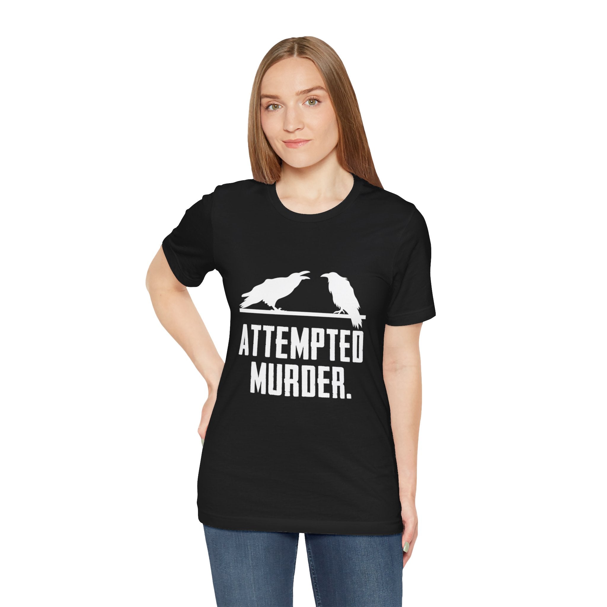 Wearing a trendy tee, this black Attempted Murder T-Shirt humorously features two crows, making it an ideal funny shirt for those who enjoy clever wordplay.