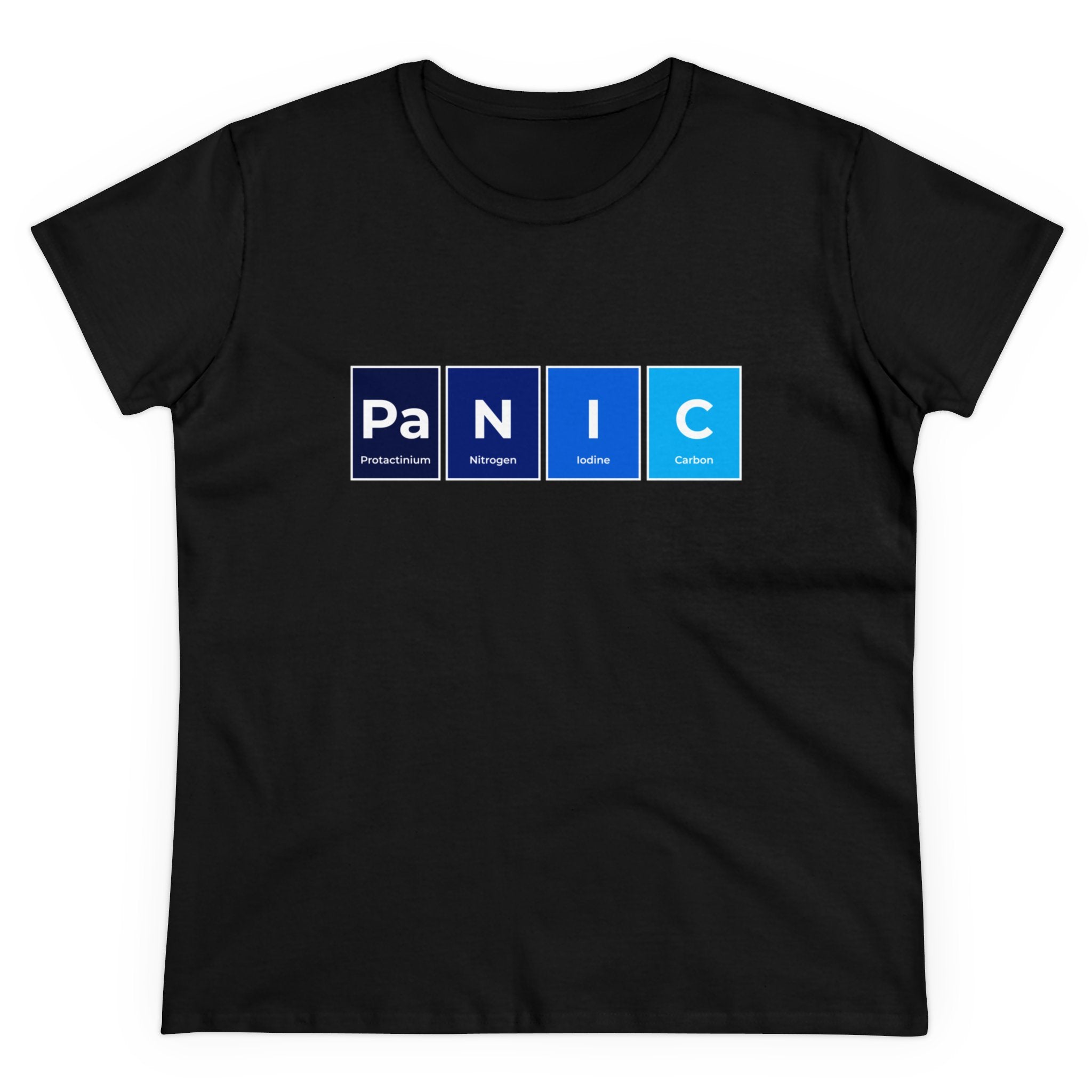 A black Pa-N-I-C - Women's Tee displays the word "PANIC," with each letter represented by an element from the periodic table: Protactinium, Nitrogen, Iodine, Carbon. Stay comfy while sporting trendy designs that make a statement.