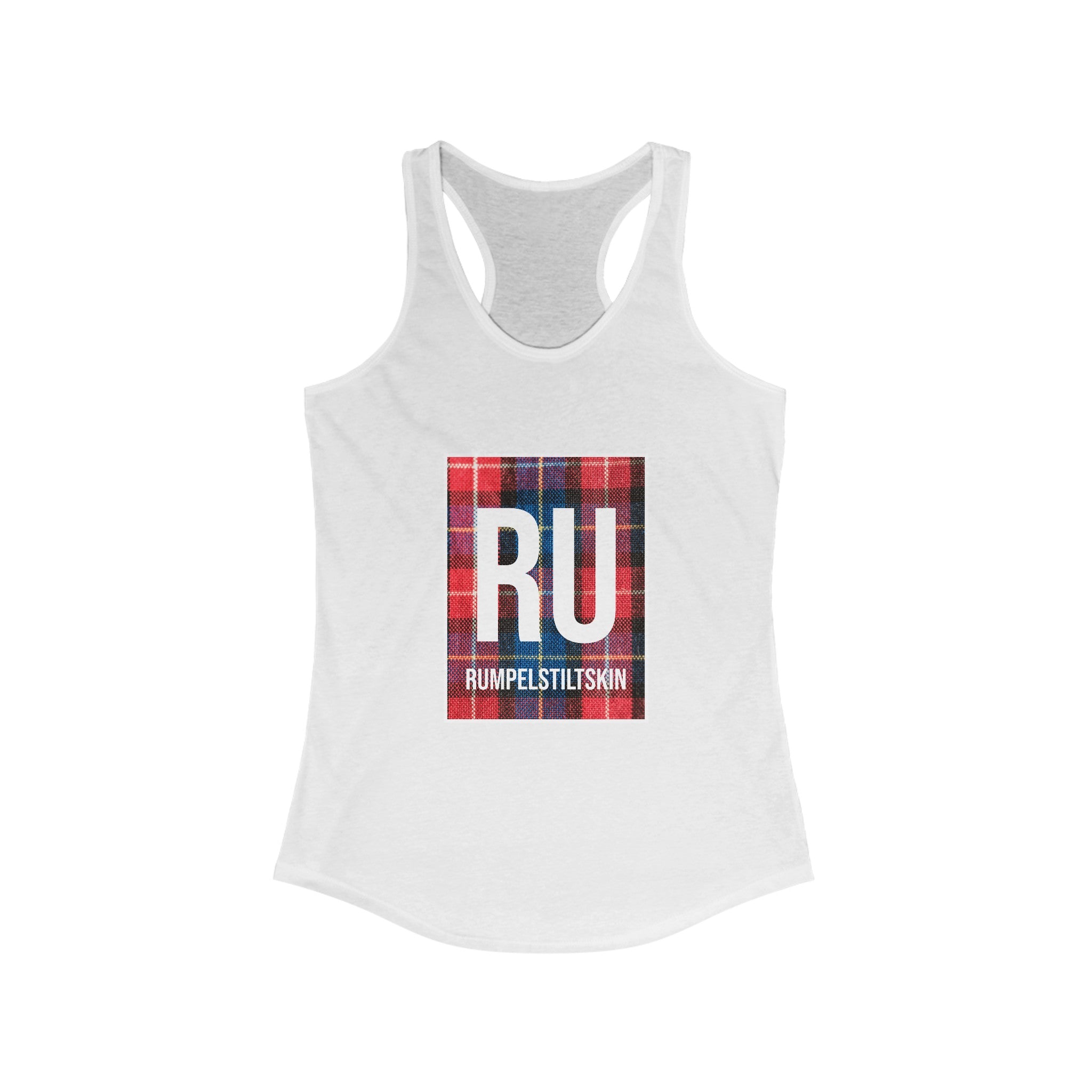 Embrace a stylish workout with the RU - Women's Racerback Tank. Featuring a red and blue plaid graphic, large white "RU" letters, and the word "Rumpelstiltskin" below, it's perfect for any fitness routine.