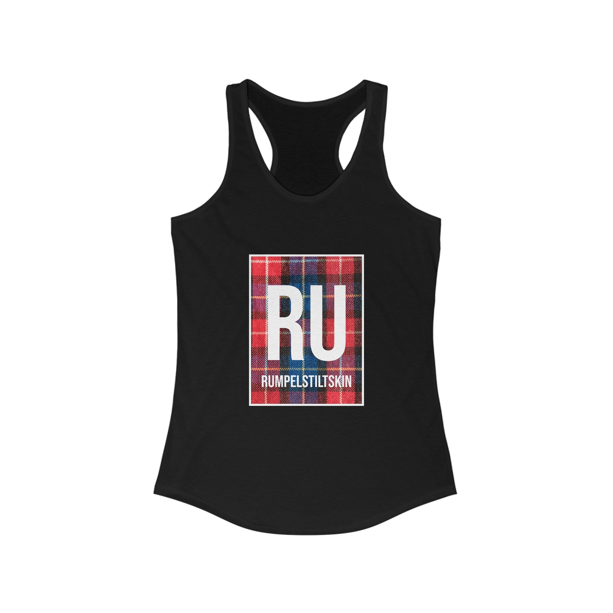 RU - Women's Racerback Tank: Stylish workout black tank top with a plaid block design featuring the large letters "RU" and the word "Rumpelstiltskin" beneath them. Lightweight fabric ensures maximum comfort.