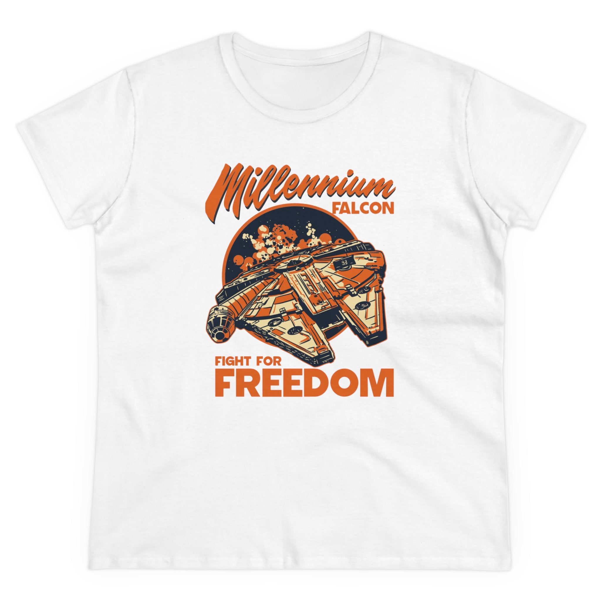 Falcon - Women's Tee made from soft pre-shrunk cotton, featuring an illustration of a spaceship with the text "Millennium Falcon" and "Fight for Freedom" in orange and black lettering, offering both comfort and style.