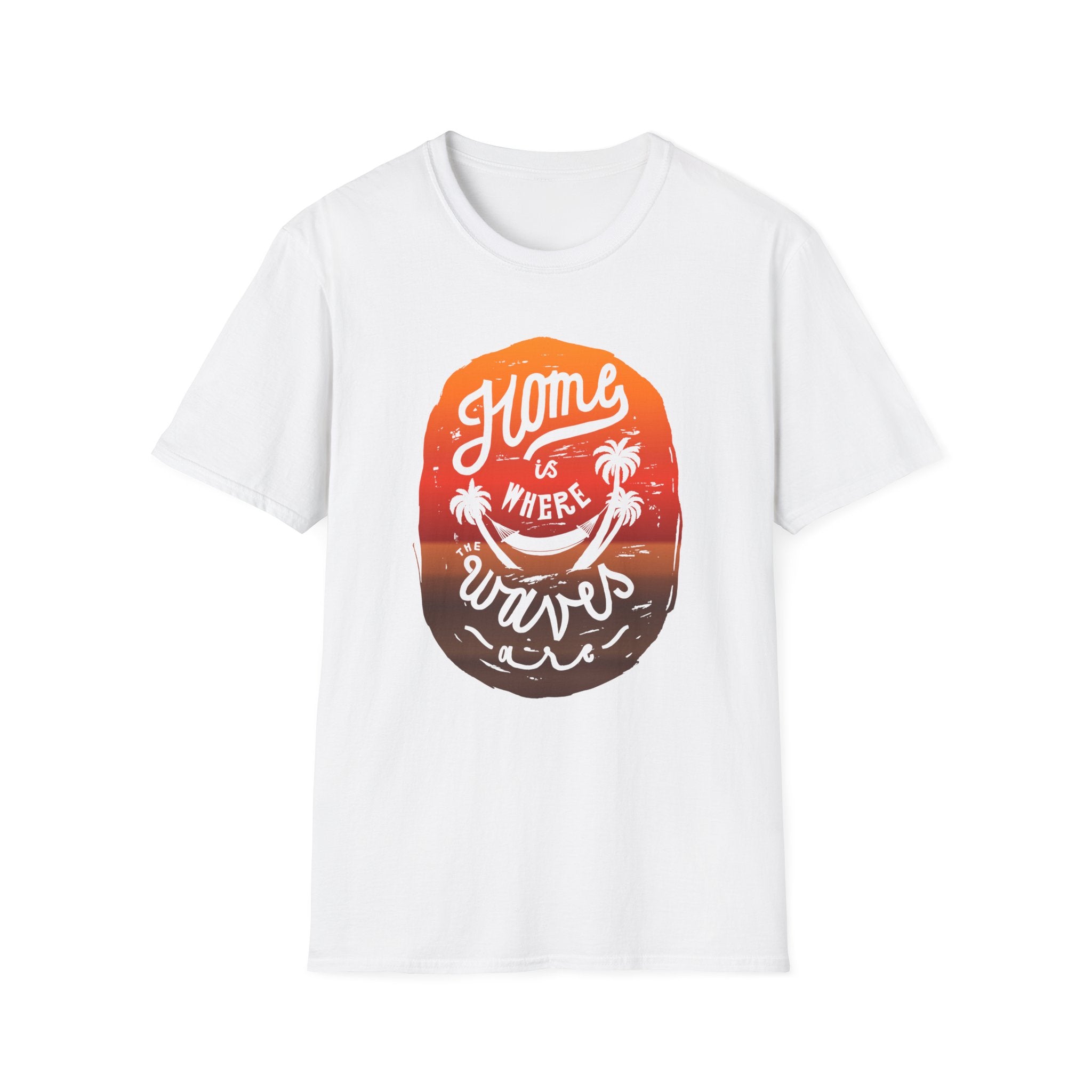 Home is Where Waves Are T-Shirt: A white top showcasing a sunset design with palm trees and the slogan "Home is where the waves are," ideal for any beach lover seeking a fashionable look.