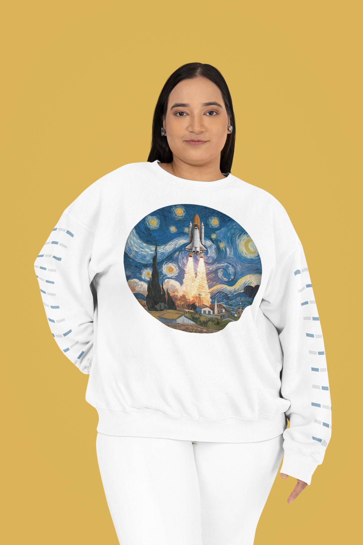 Van Gogh Spaceship Sweatshirt in white, curvy woman wearing it against mustard backdrop, space art pullover