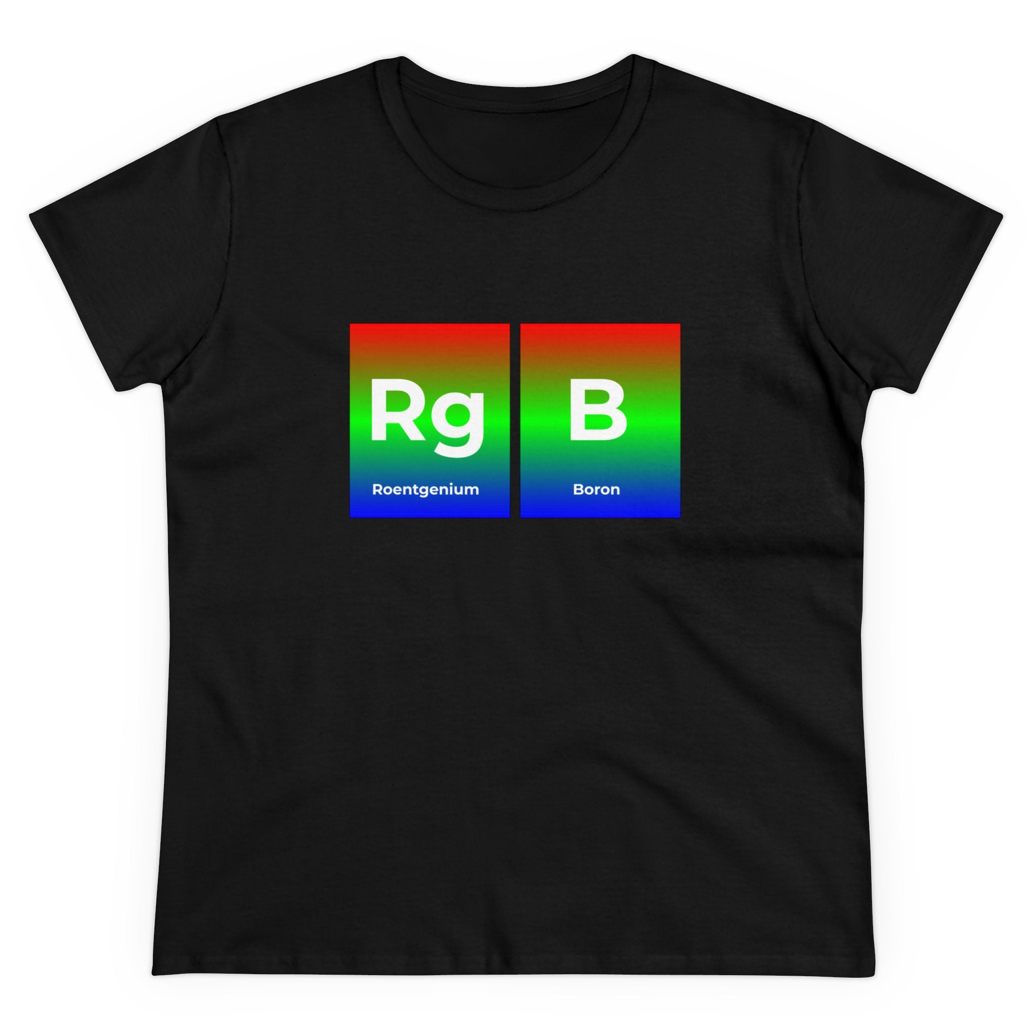 A vibrant fashion statement, the RG-B - Women's Tee features a black cotton tee with a color gradient design and elements "Rg" labeled as Roentgenium and "B" labeled as Boron, resembling a periodic table format. Perfect for women's tee collections, it combines scientific flair with everyday wearability.