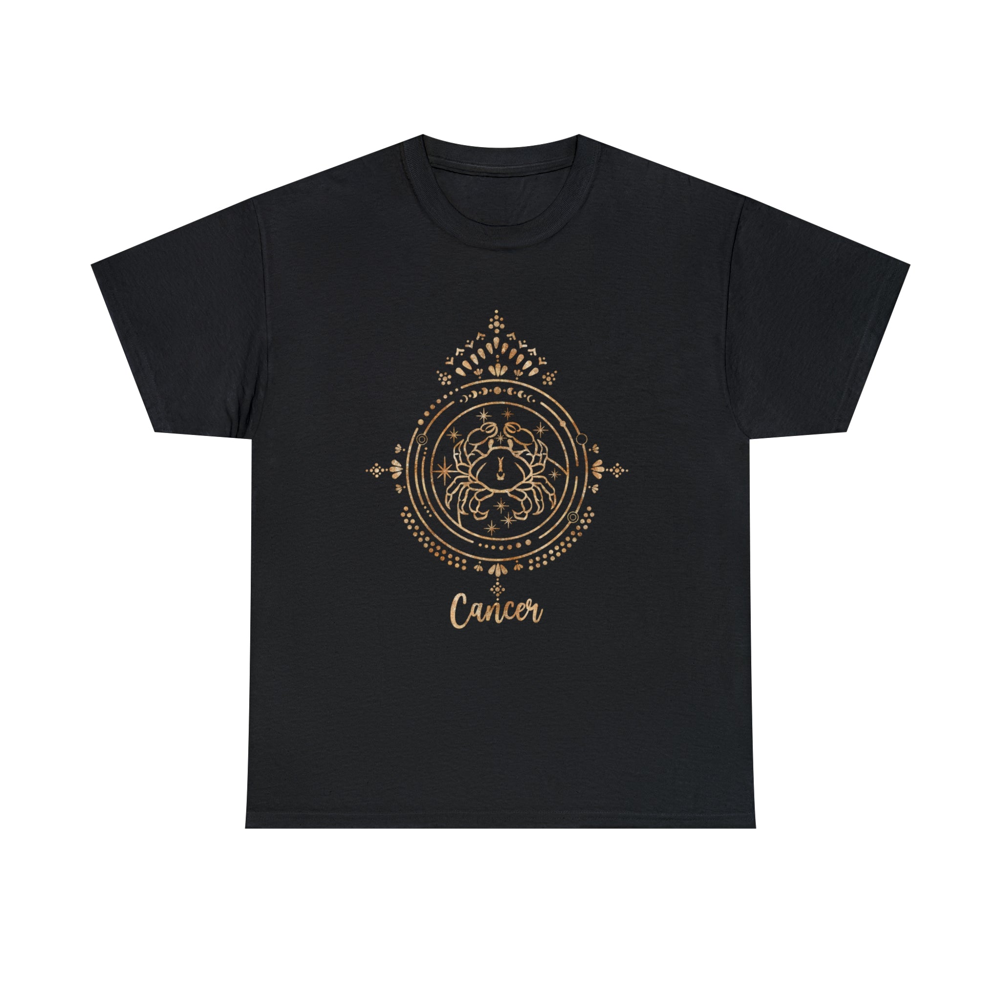 A Cancer black t-shirt with a gold design on it from Printify.