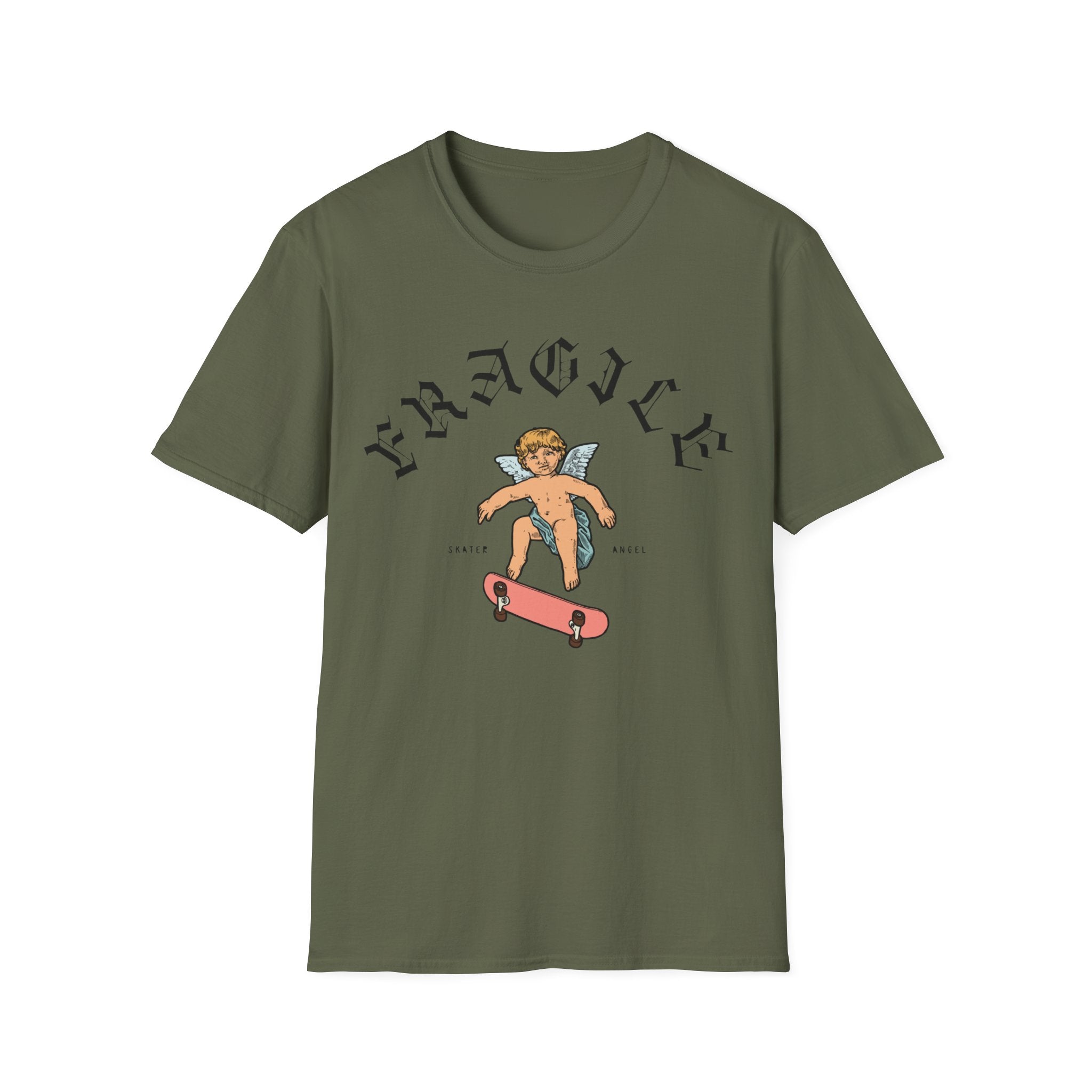 The Skater Angel t-shirt in olive green offers a relaxed fit and showcases a graphic of an angel skateboarding on a pink skateboard, accompanied by gothic text that reads "FRAGILE" and "SKATER ANGEL.