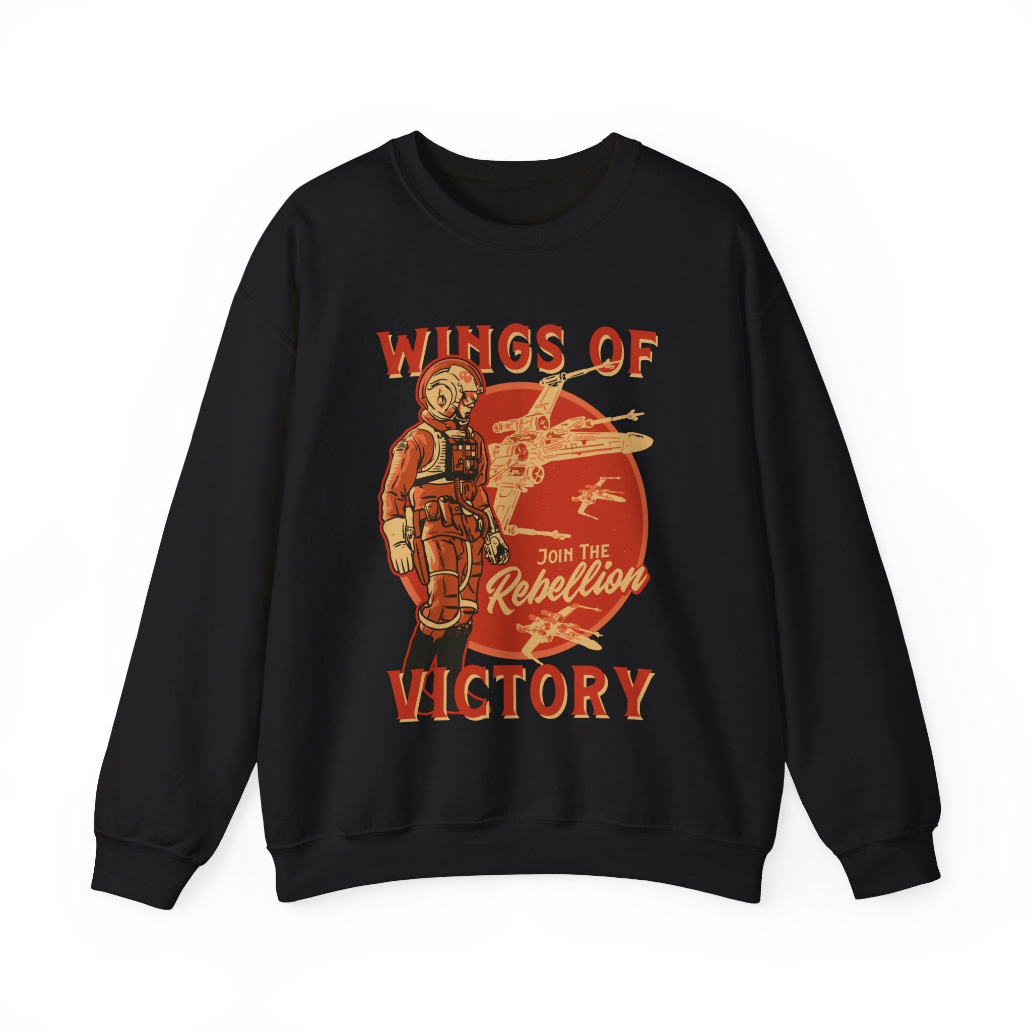A black Wings of Victory - Sweatshirt with a graphic of a space pilot and X-wing fighters, accompanied by the text "Wings of Victory" and "Join the Rebellion" in bold, vintage-style lettering. This sweatshirt blends comfort and style, making it perfect for any fan looking to showcase their rebel spirit.