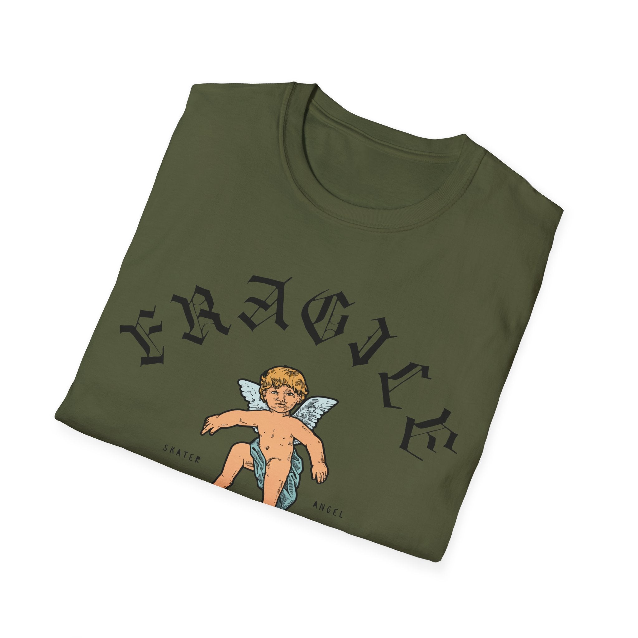 A soft, green Skater Angel t-shirt with an image of a boy holding a teddy bear.