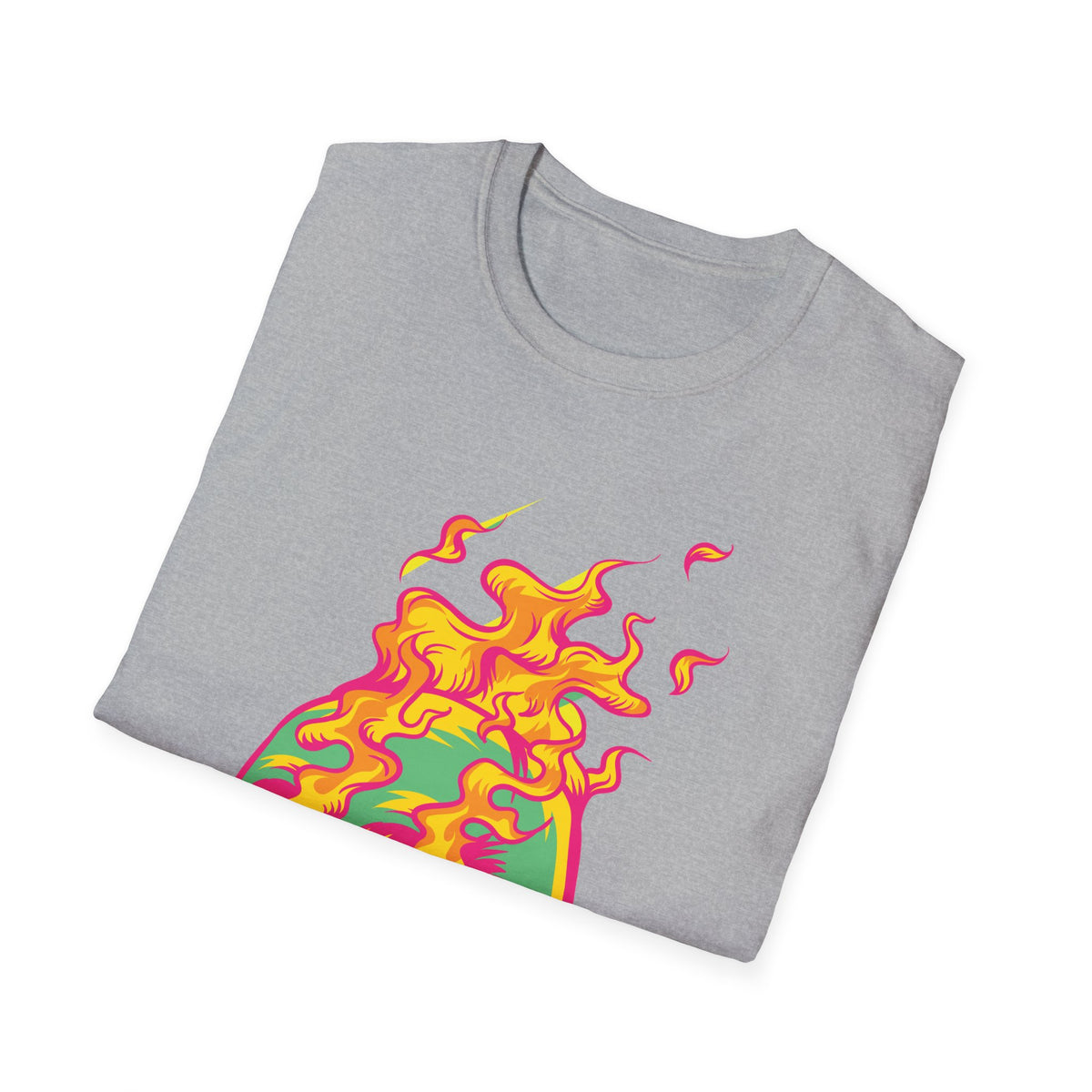 'Skull in Flames' psychedelic flame print folded on heather grey t-shirt, funny gothic pop art gift