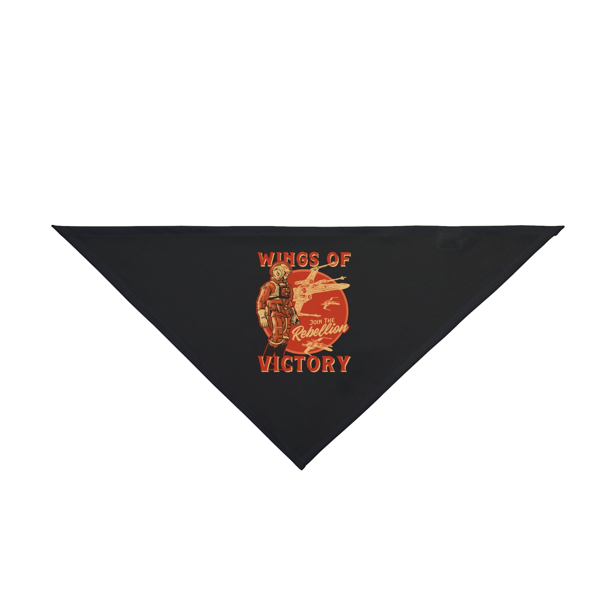 A black triangular pet bandana with a graphic of a soldier and aircraft, and the text "Wings of Victory, Join the Rebellion" printed in red and yellow. Made from soft-spun polyester, this Wings of Victory - Pet Bandana is a standout in pet accessories.