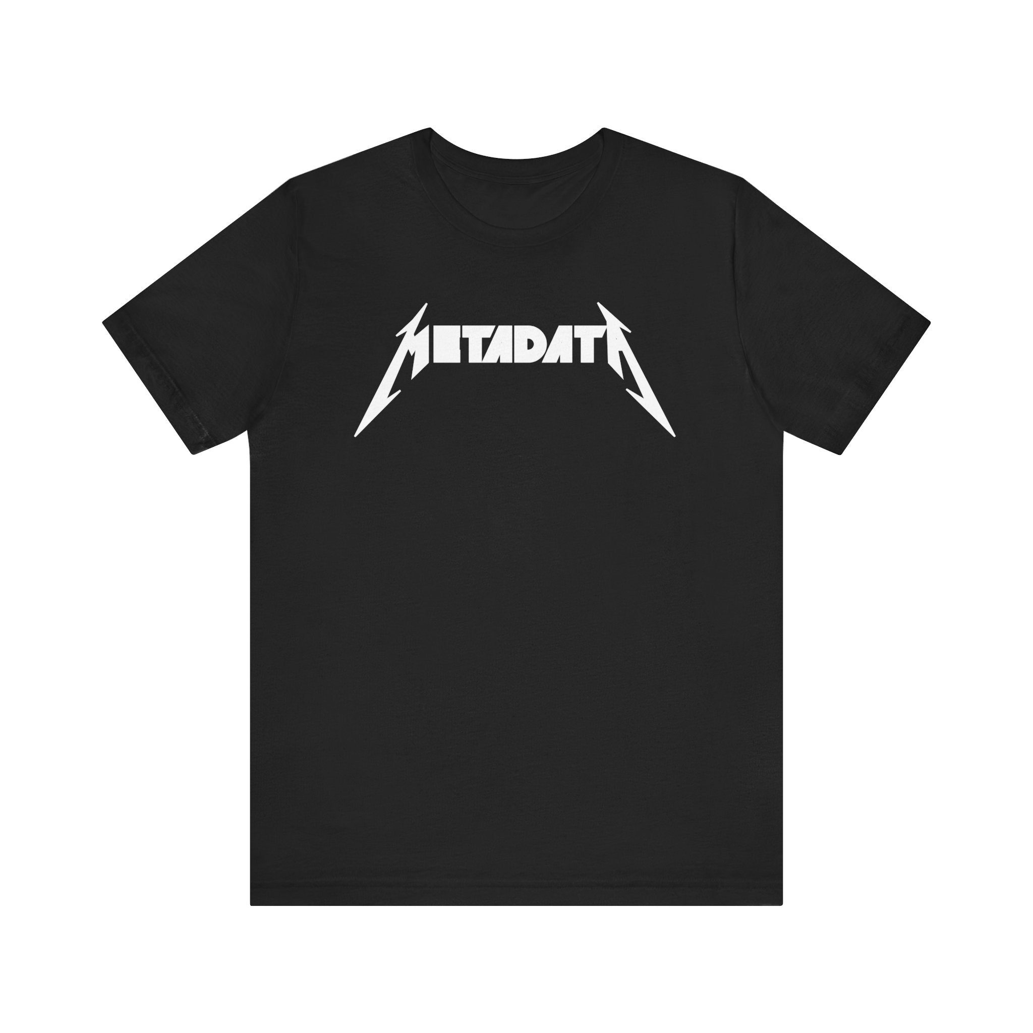 Introducing the "Metadata" T-Shirt: A black tee made from premium Airlume combed cotton for ultimate comfort, showcasing the word "METADATA" in bold, stylized white letters across the chest.