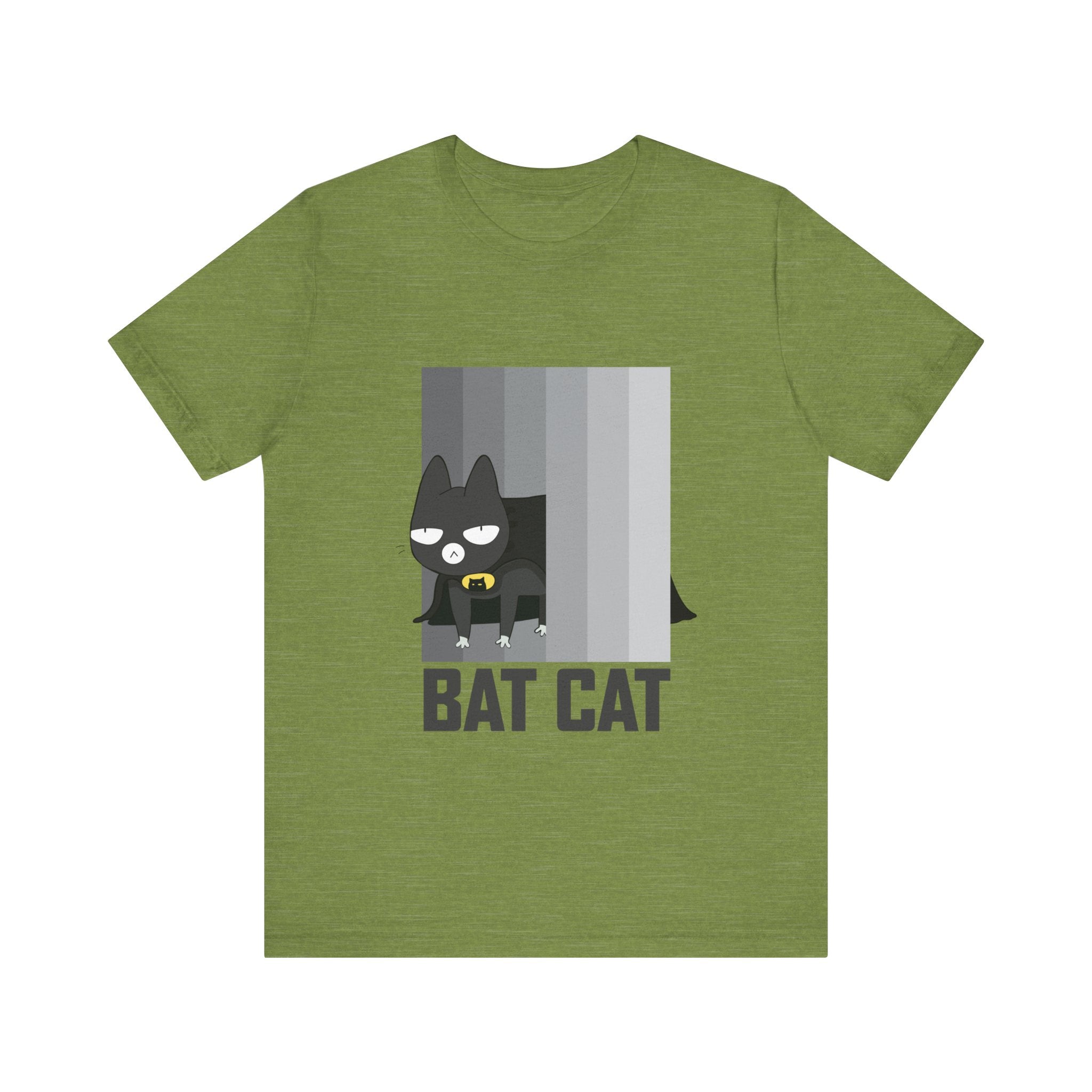 Unisex tee featuring a cartoon of a black cat dressed as a bat, with the words "BATCAT T-shirt" printed below in bold letters.