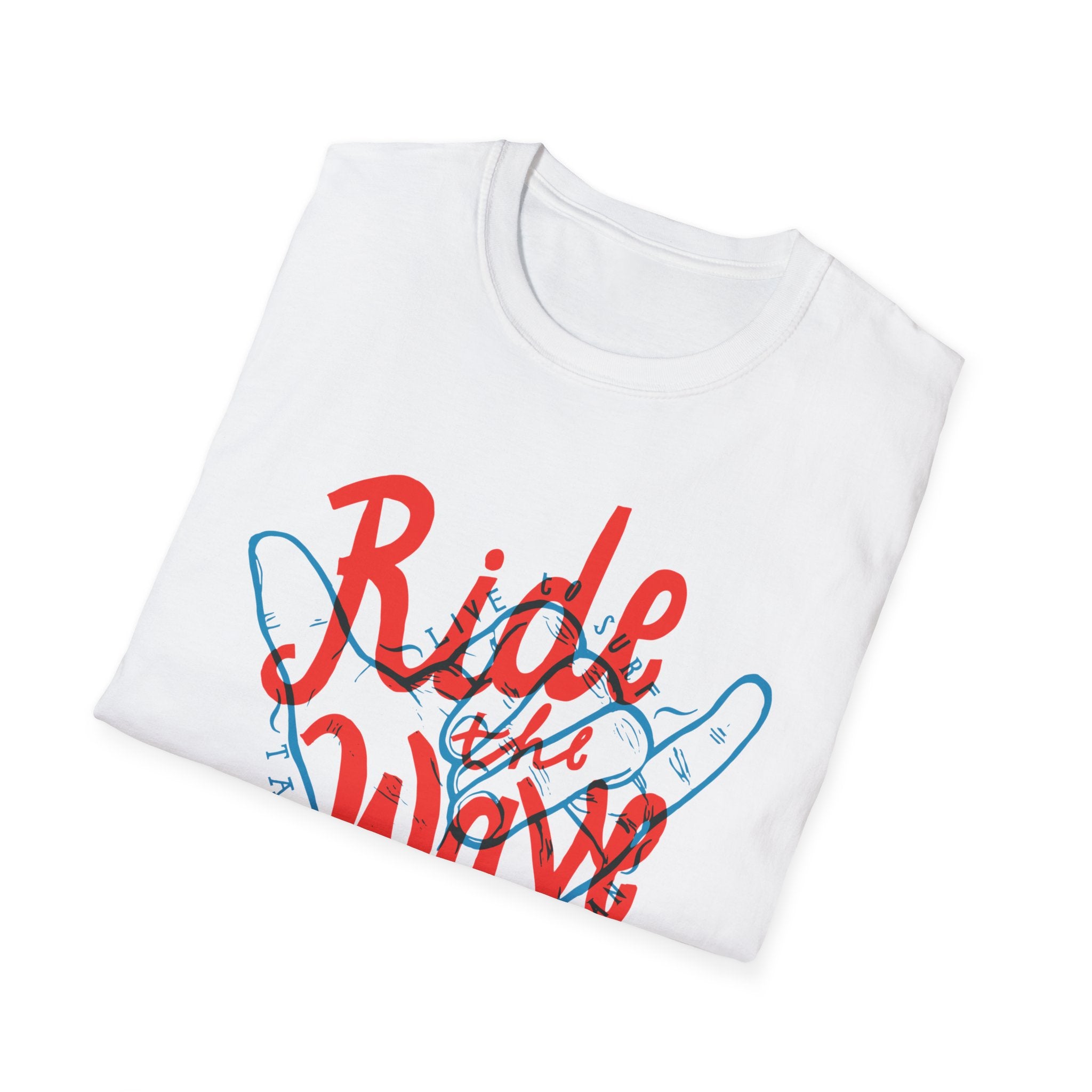 The "Ride the Wave T-Shirt" is a white cotton tee featuring bold red and blue graphic text that says "Ride the Wave," embodying the carefree spirit of surfing.