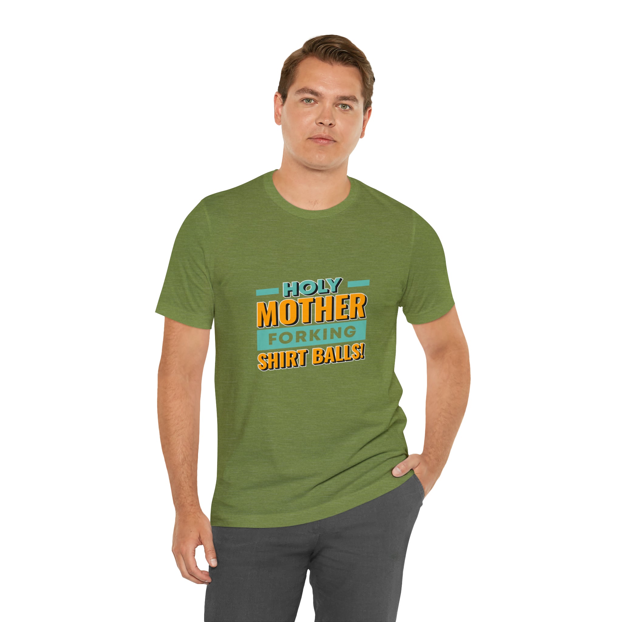 A man wearing a green t-shirt that says Printify's Holy mother T-Shirt.