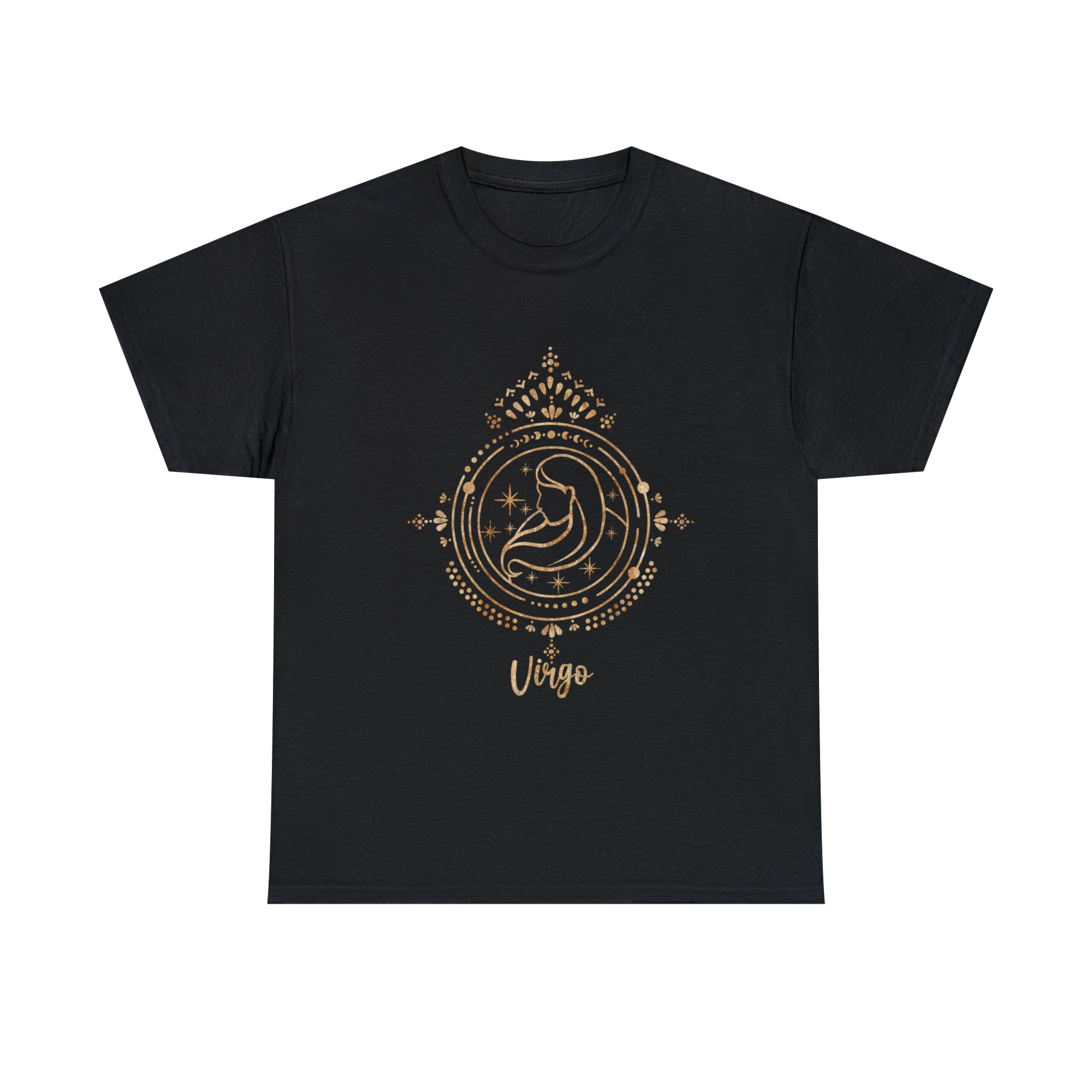 A black Virgo T-Shirt featuring an organized and helpful image of a crescent moon.