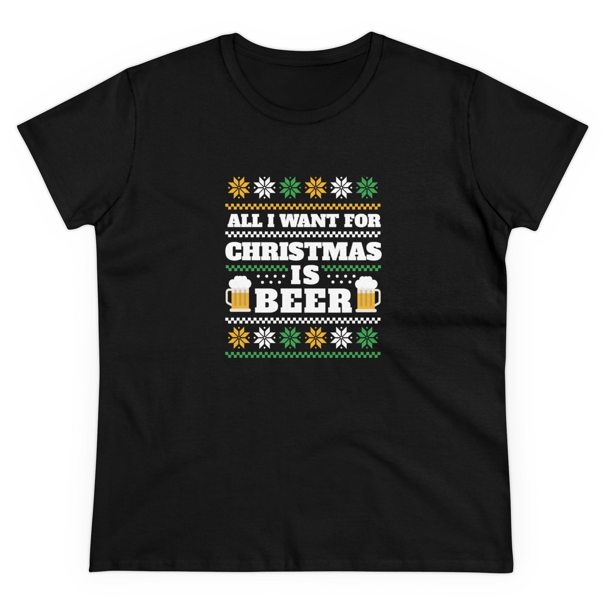 A black Beer Ugly Sweater - Women's Tee with the text "All I Want for Christmas is Beer" in white and yellow, adorned with beer mugs, stars, and festive patterns. Made from pre-shrunk cotton for ultimate comfort.