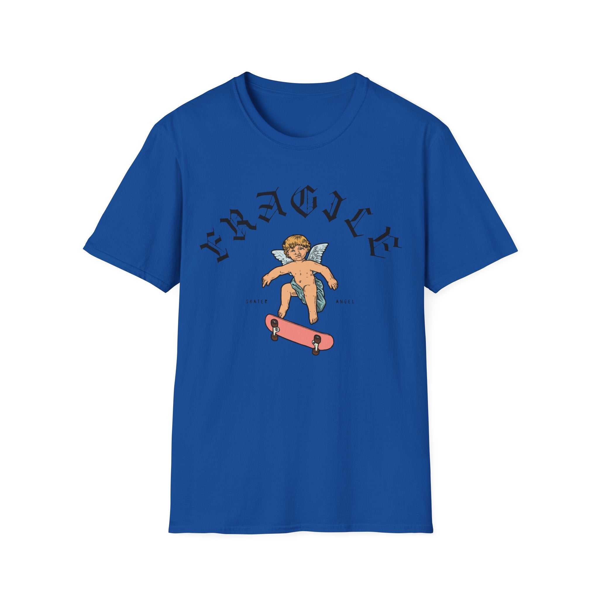 Skater Angel T-shirt in blue, showcasing an angel on a skateboard and the word "Fragile" in a stylized font, designed with a relaxed fit.