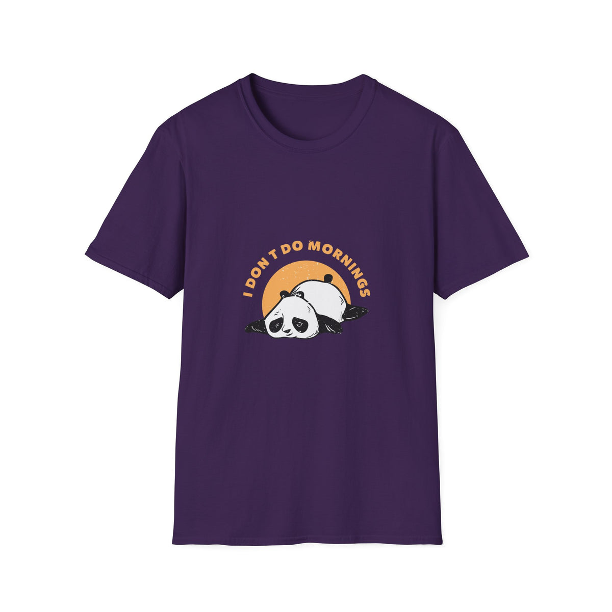 'I Don't Do Mornings' sleepy panda t-shirt in deep purple, funny gift for tired coffee lovers