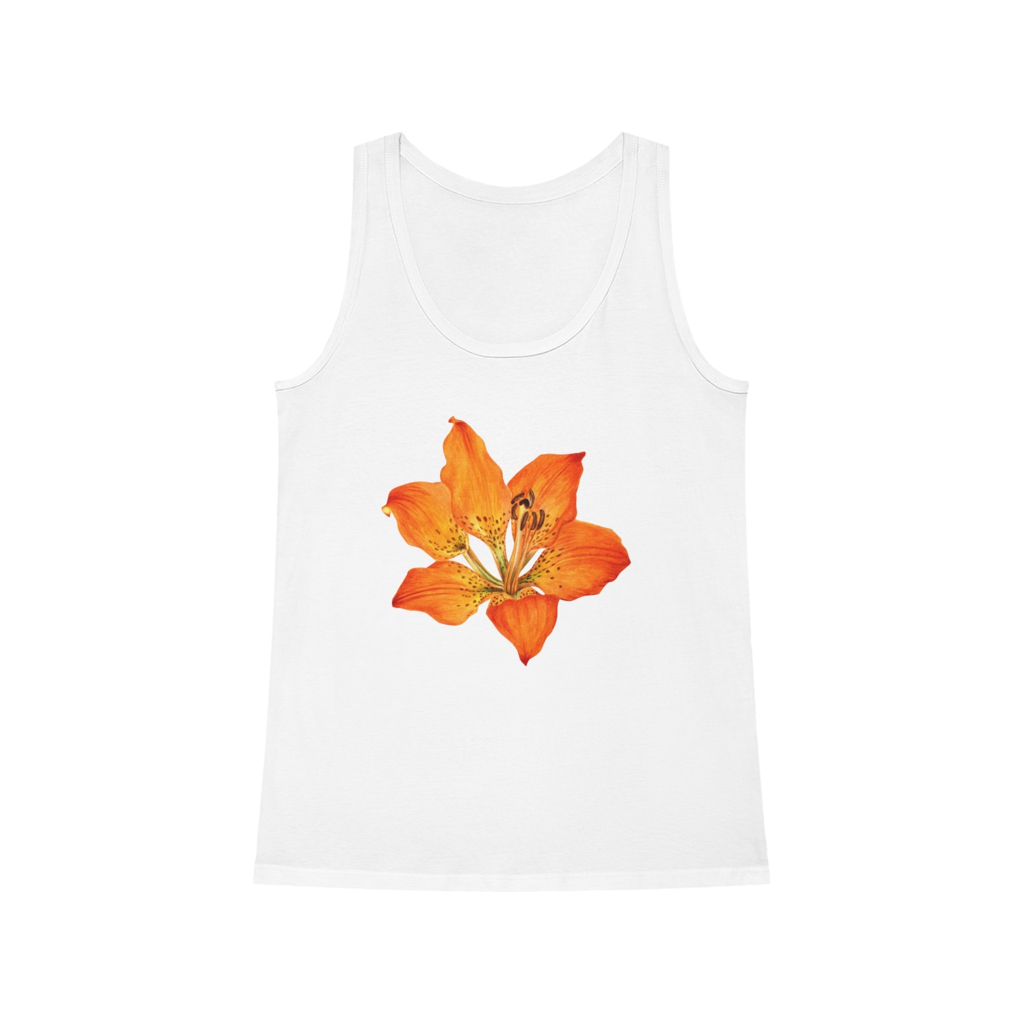 Introducing the Flower Boom Tank Top, a white organic cotton tank featuring a bold floral design with a prominent orange lily on the front.