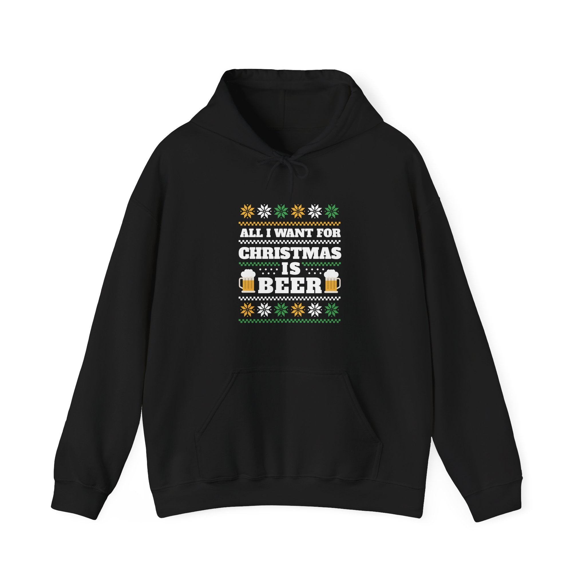 Cozy black hooded sweatshirt with a festive design. The text says, "All I want for Christmas is Beer," accompanied by images of beer mugs and snowflakes—your perfect Beer Ugly Sweater - Hooded Sweatshirt for holiday cheer.
