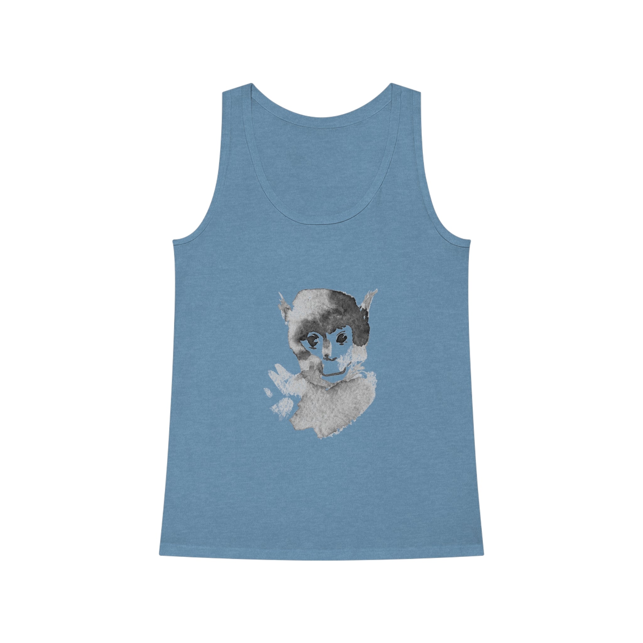 The Monkey Women's Dreamer Tank Top, crafted from organic cotton, is a versatile and stylish wardrobe addition. It showcases a watercolor-style face drawing in shades of blue and gray, making it ideal for casual outings or chic layering.