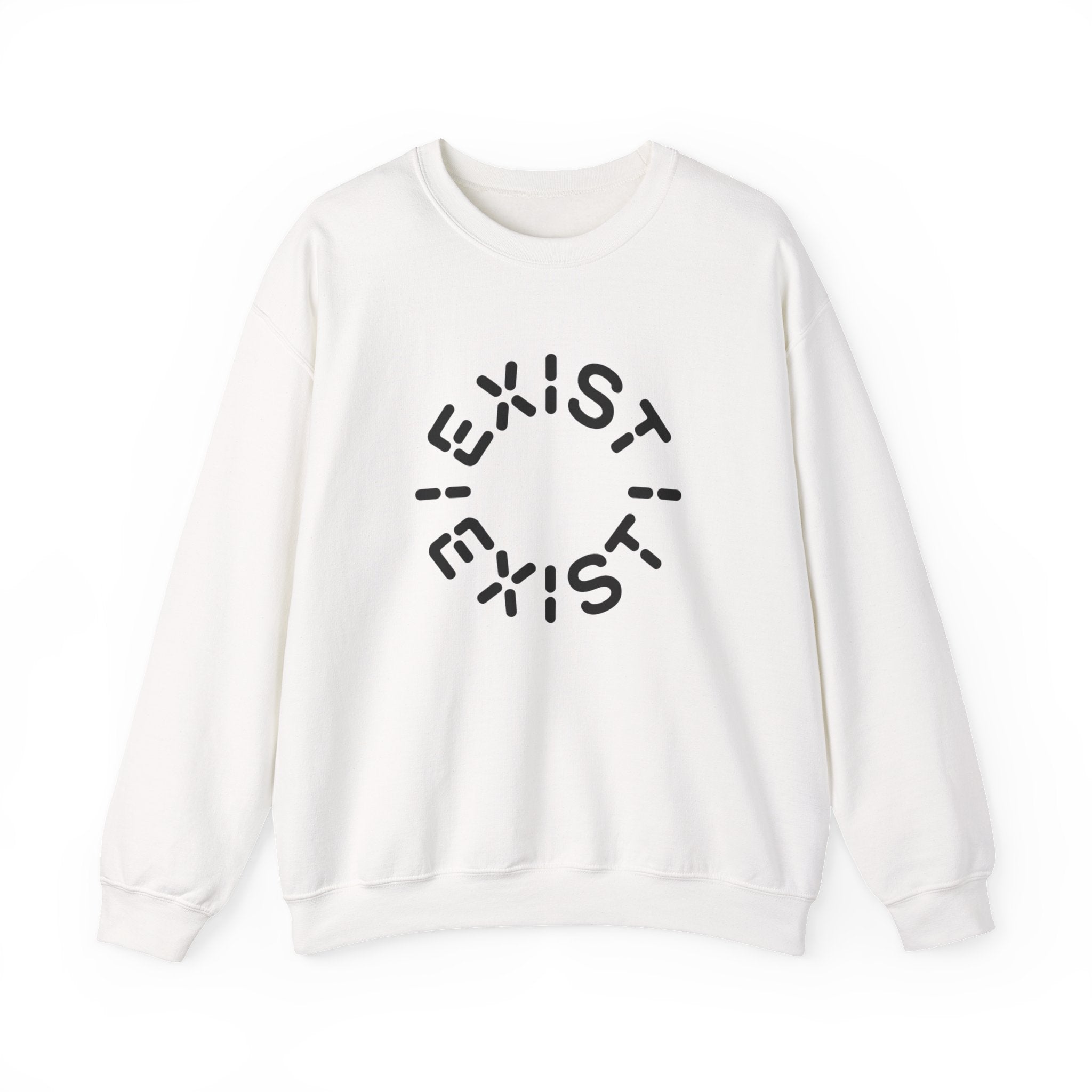 The Exist Exist - Sweatshirt is a white crewneck for space enthusiasts, with "EXIST" boldly printed three times in a circular pattern on the front.